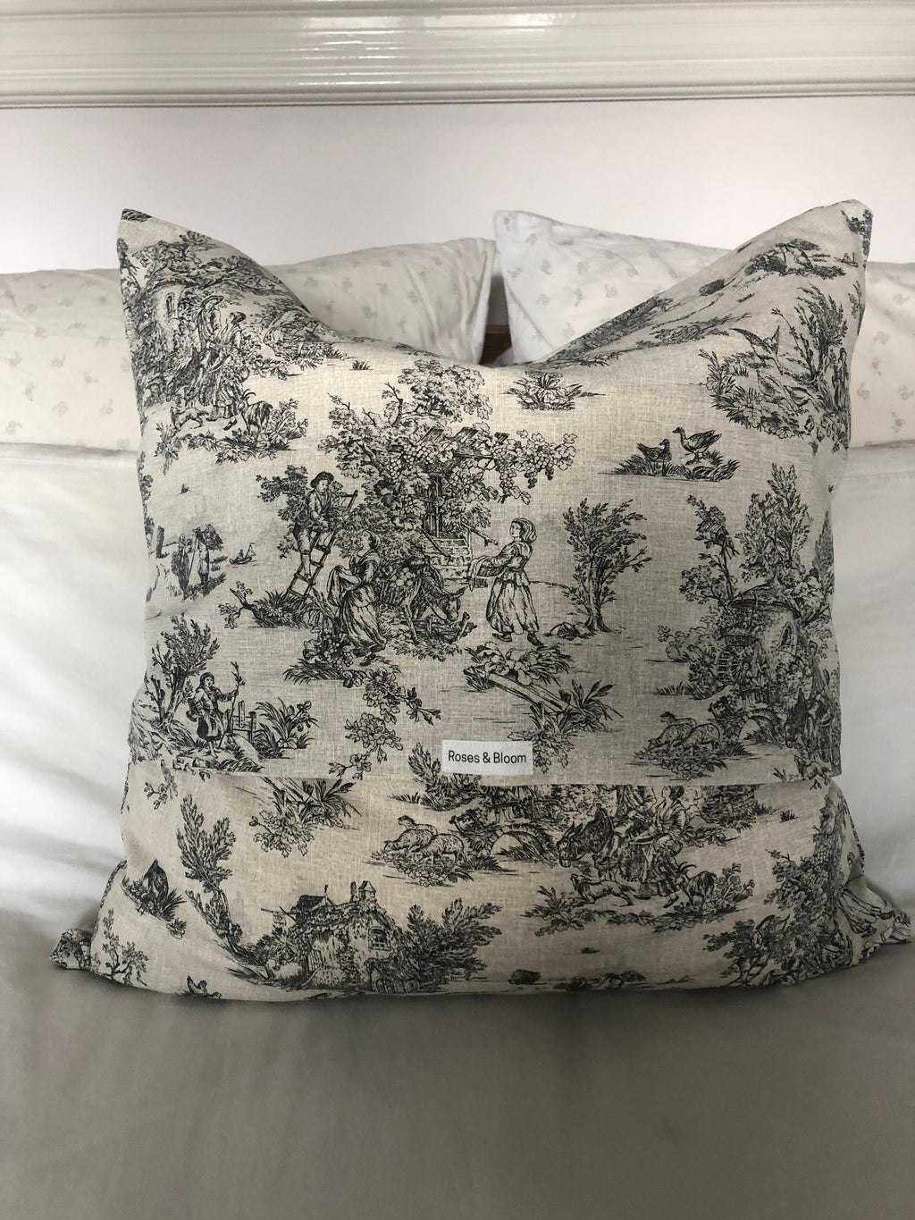French Vintage Toile de Jouy Cushion Cover – Handmade Grey Pillow