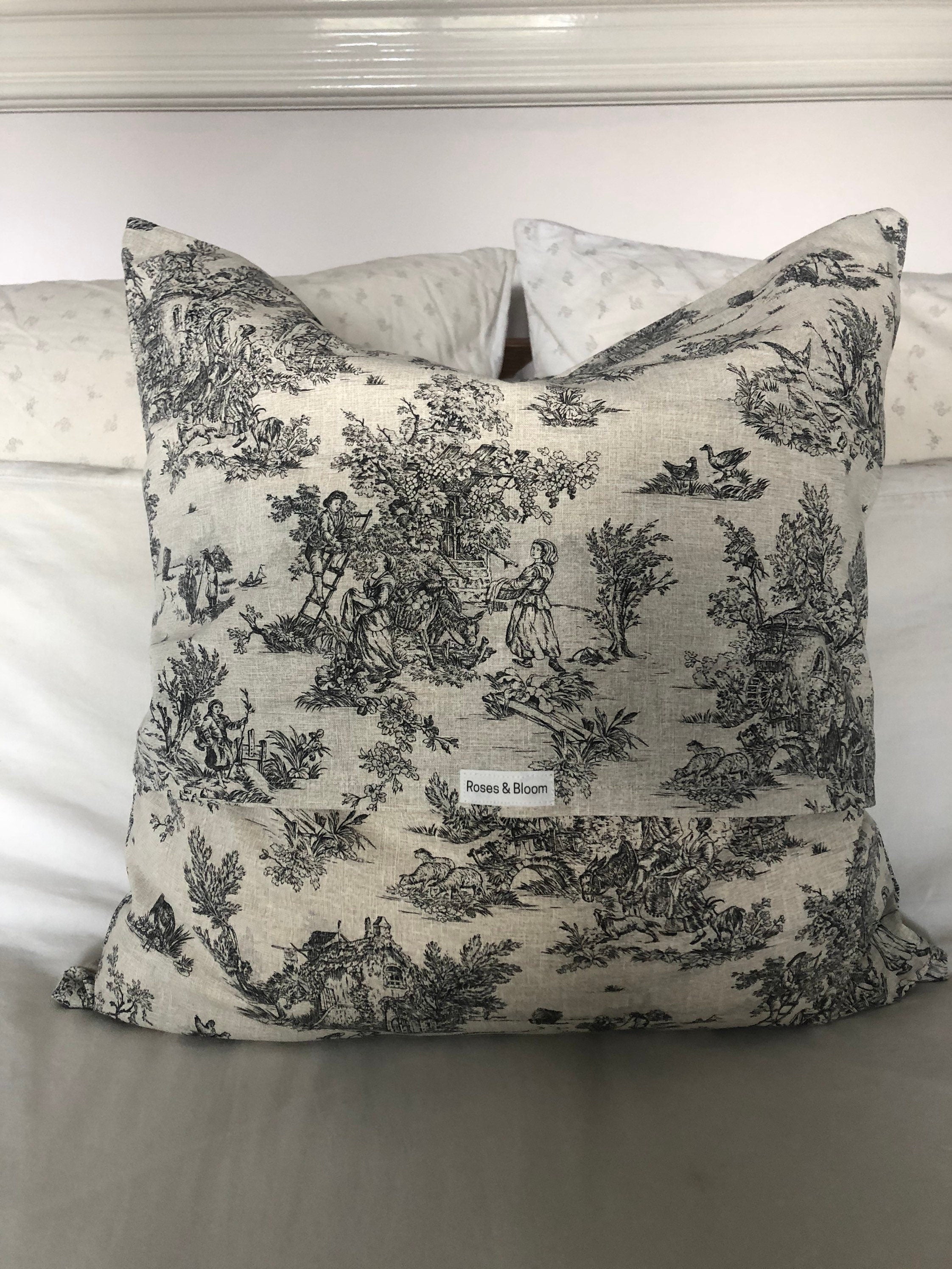French Vintage Toile de Jouy Cushion Cover – Handmade Grey Pillow