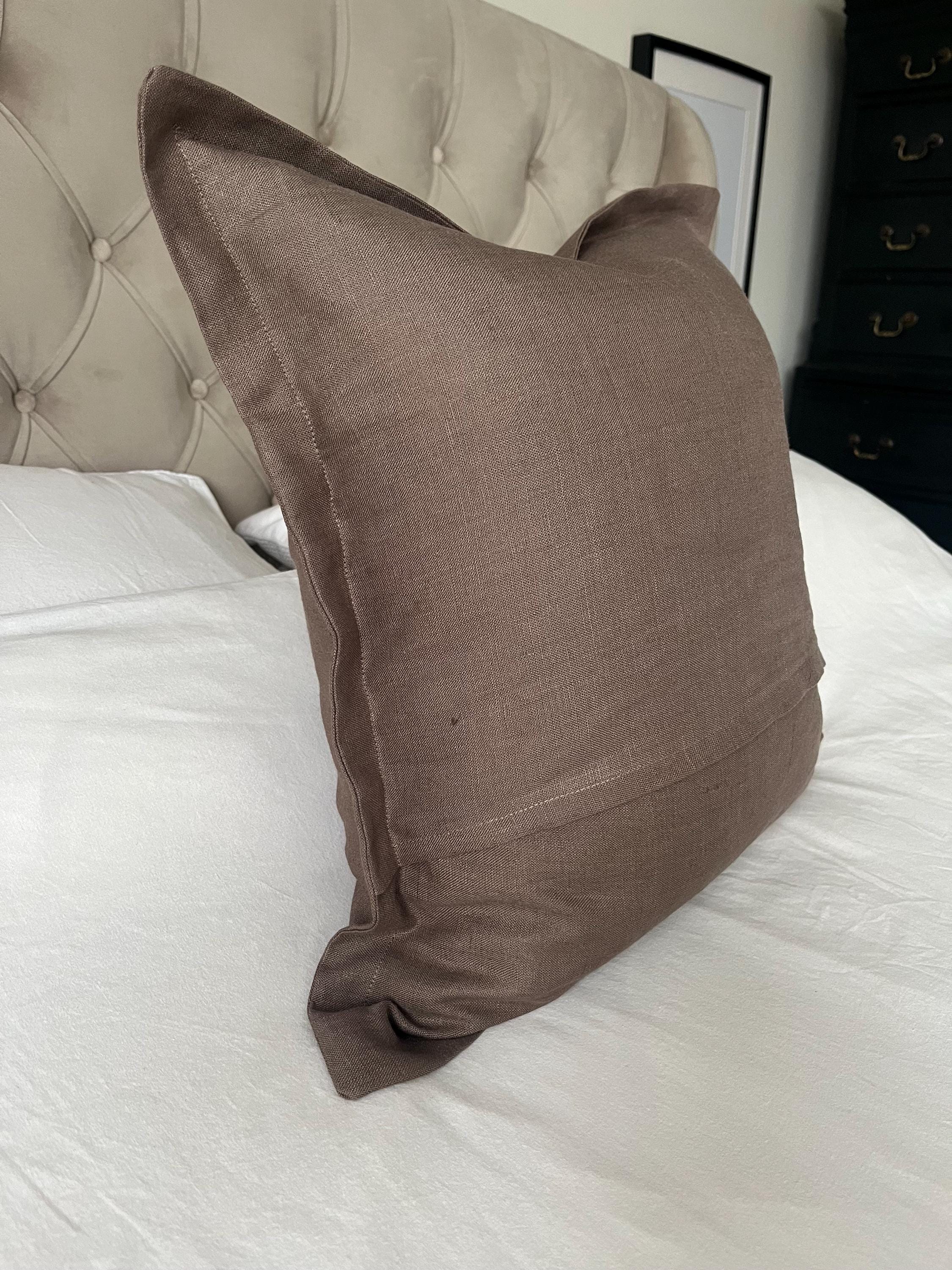 Mocha brown pillow cover within oxford edging, neutral linen cushion cover