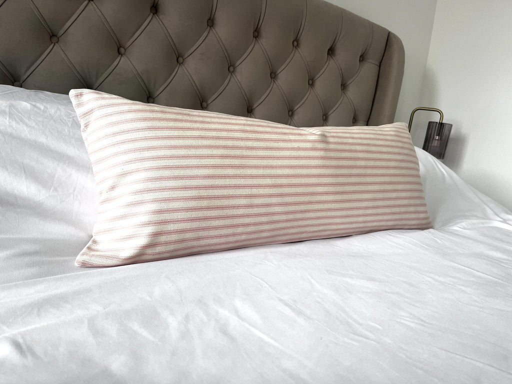 Pink Stripe Bolster Pillow Cover, French Ticking Linen Cushion