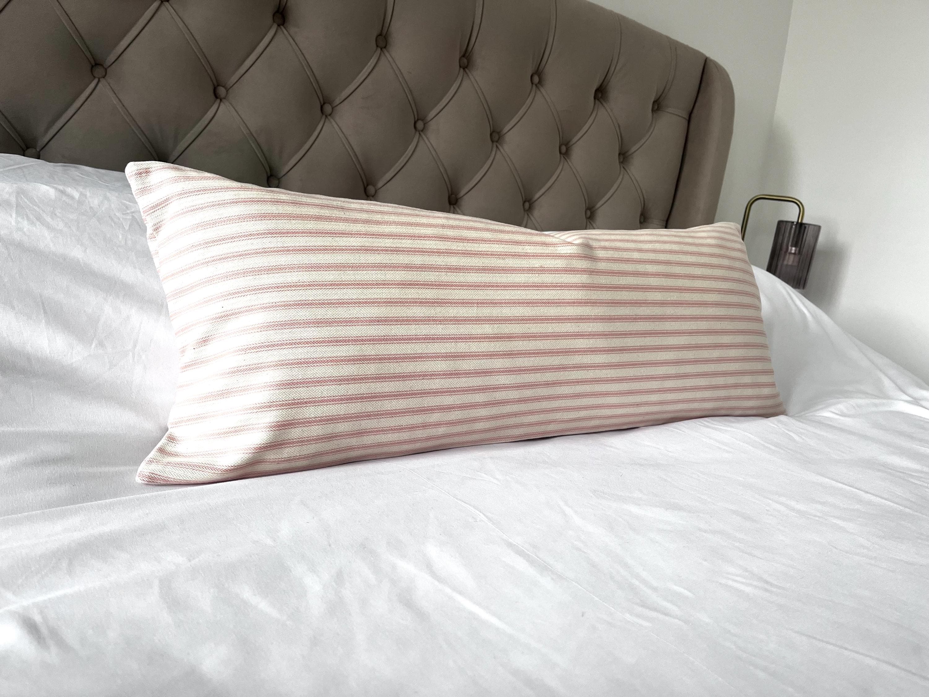 Pink Stripe Bolster Pillow Cover, French Ticking Linen Cushion