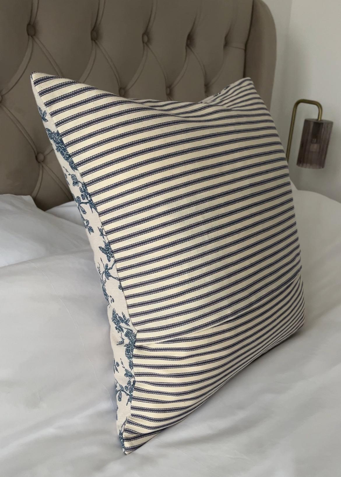 French Vintage Toile de Jouy Pillow Cover, Blue Roses Floral Cushion