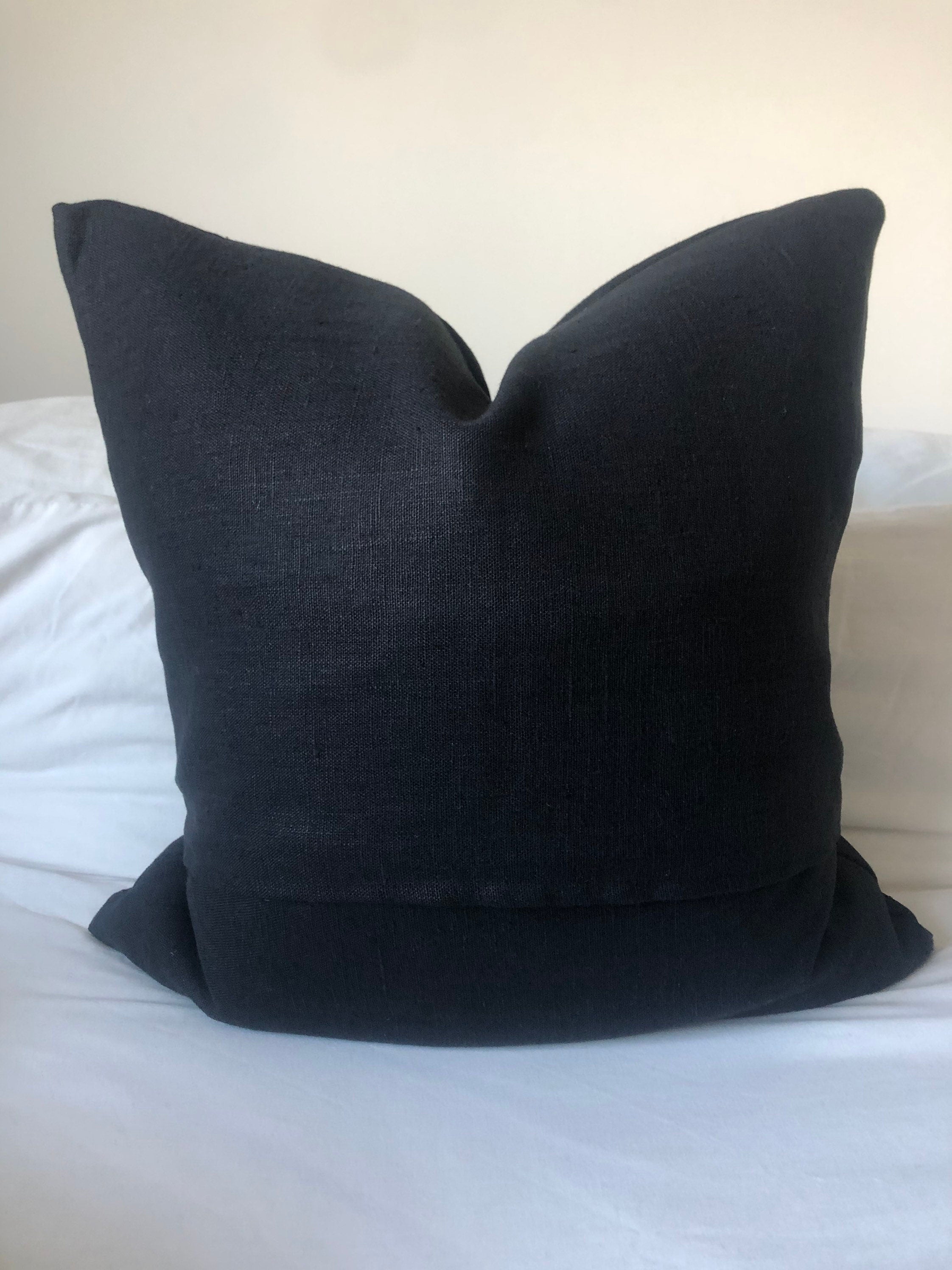 Black French Linen Pillow Cover, Minimalist Cushion, Dark Home Decor