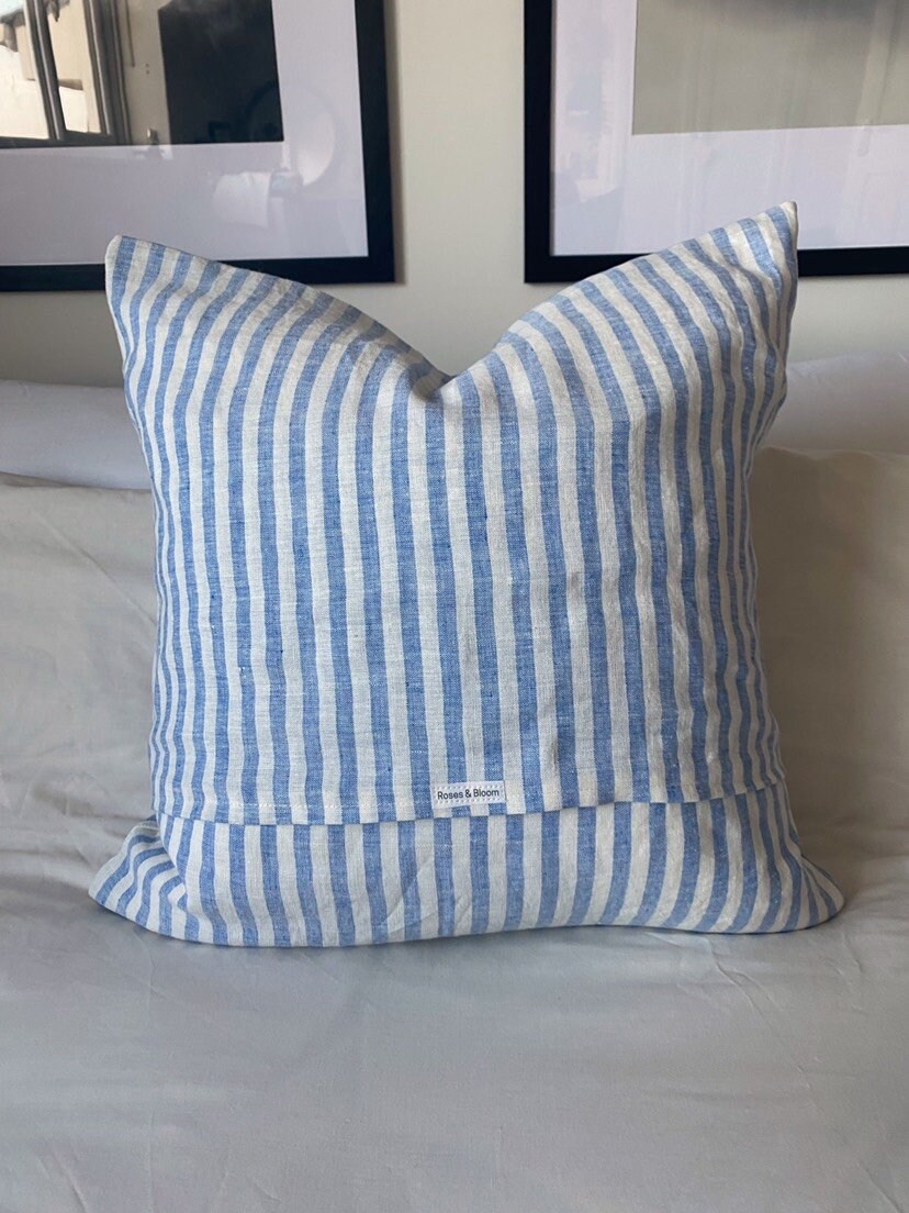 Striped blue throw pillow cover, stripe ticking linen cushion, french ticking throw