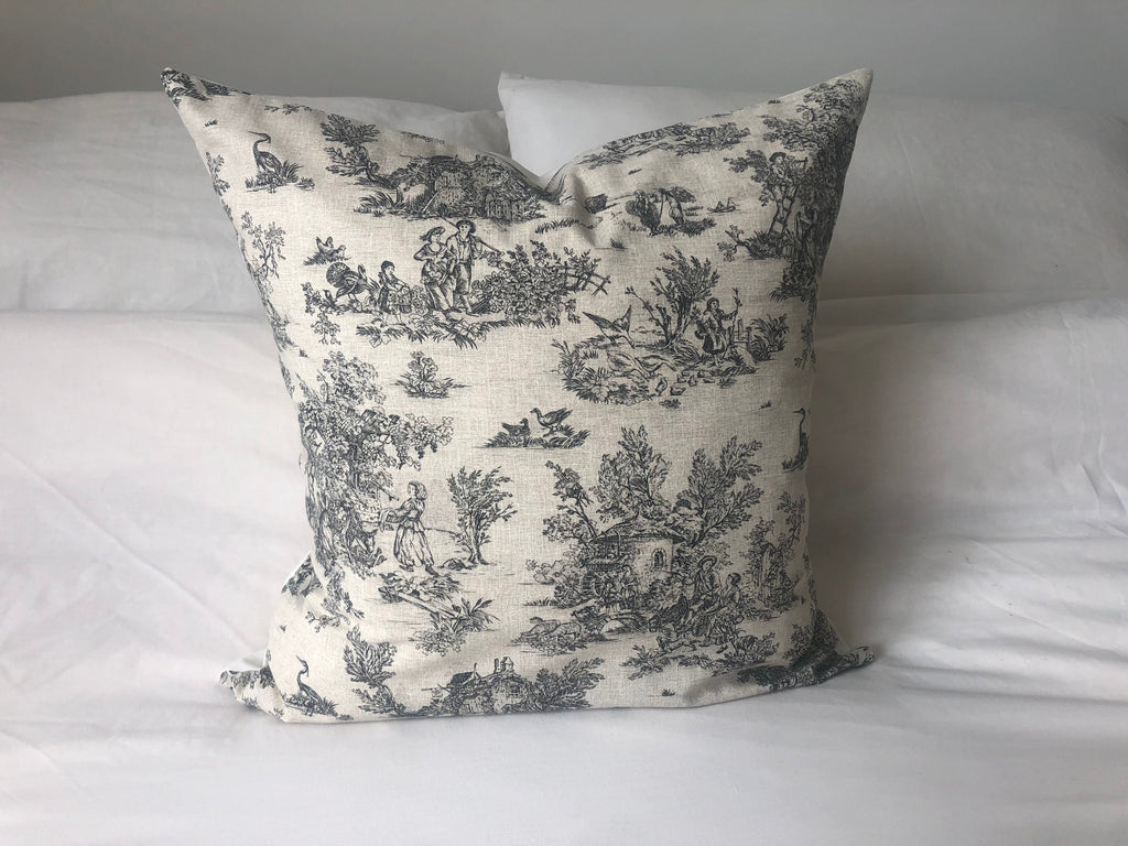 French farmhouse cushion cover, in anthracite grey toile de jouy cotton fabric