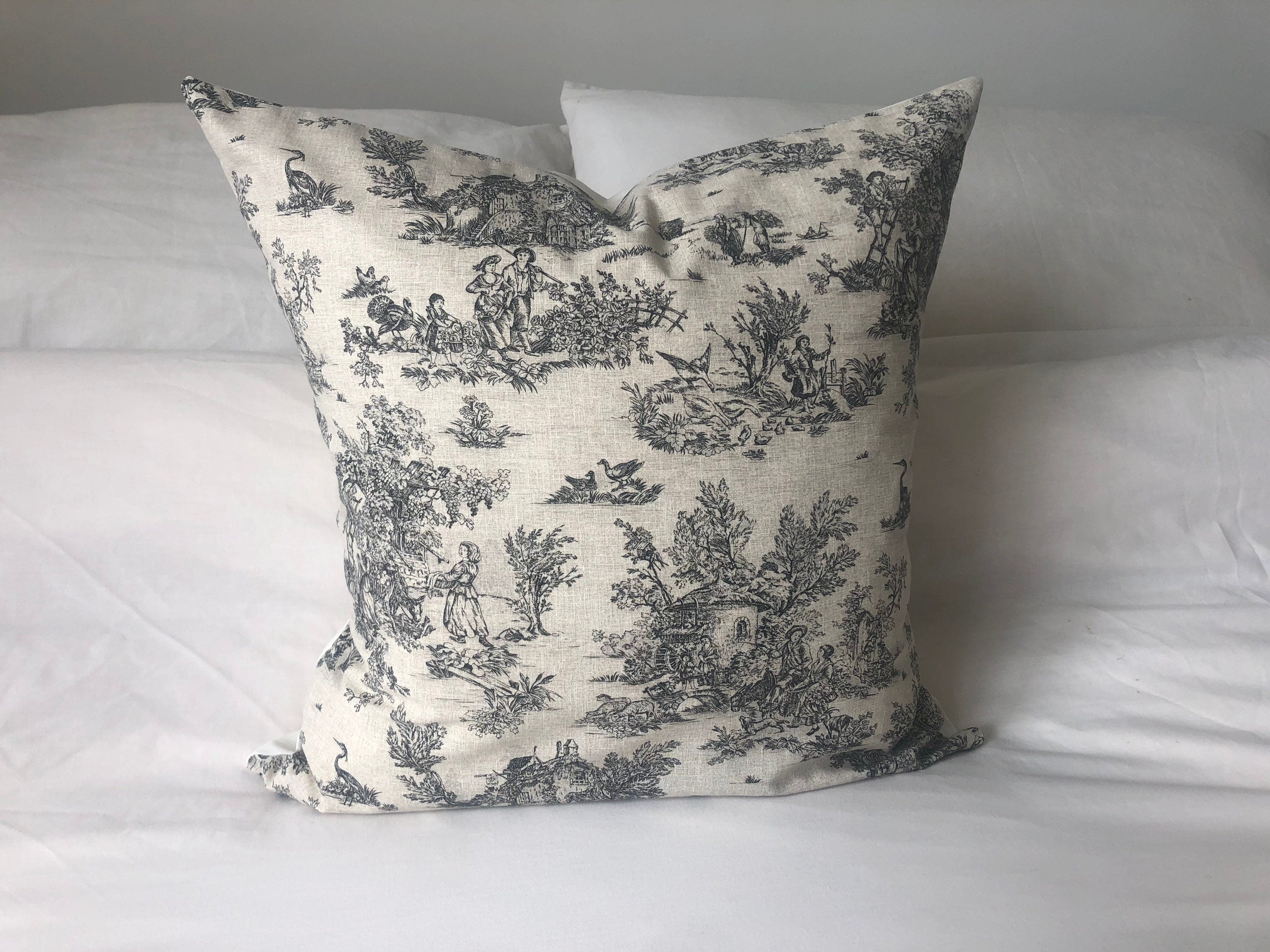 French farmhouse cushion cover, in anthracite grey toile de jouy cotton fabric