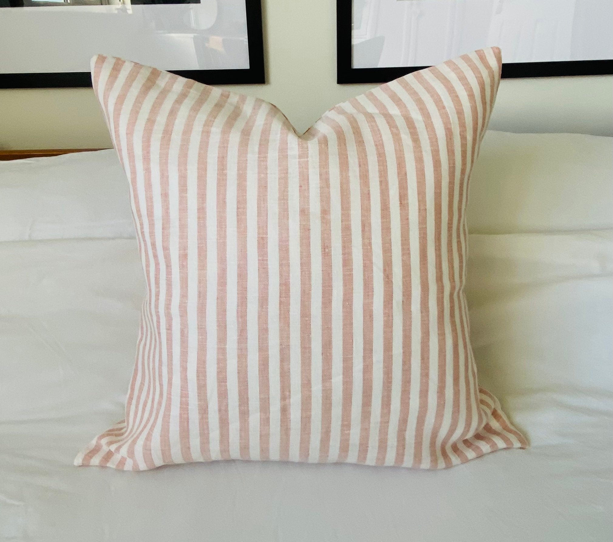 Striped pink throw pillow cover, blush pink linen pillow, french ticking throw pillow, extra large cushion covers, pink nursery decor