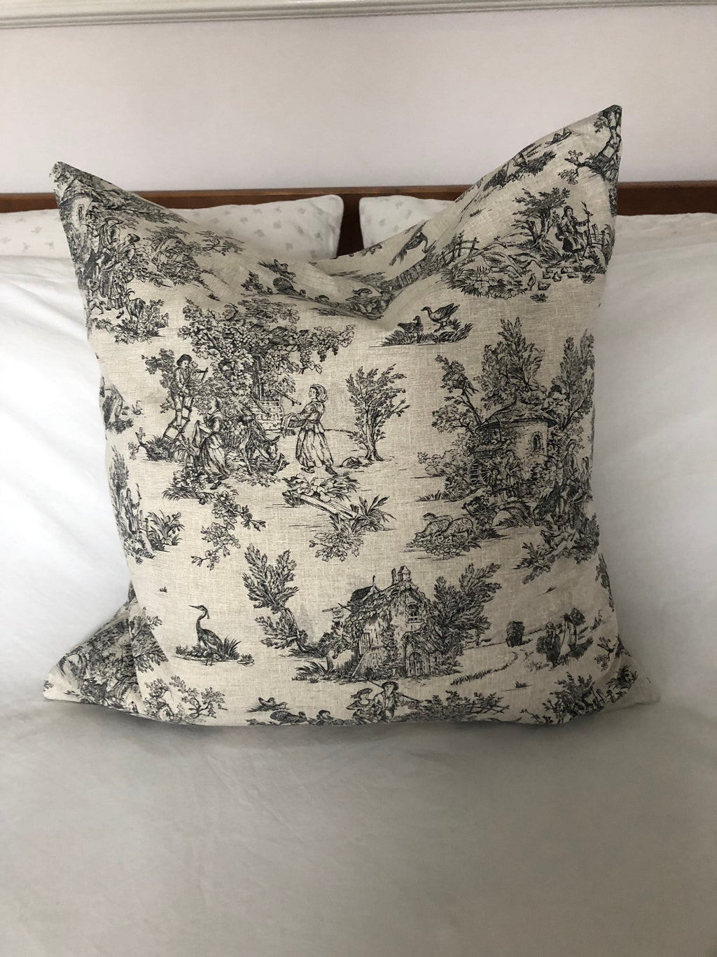 French Vintage Toile de Jouy Cushion Cover – Handmade Grey Pillow