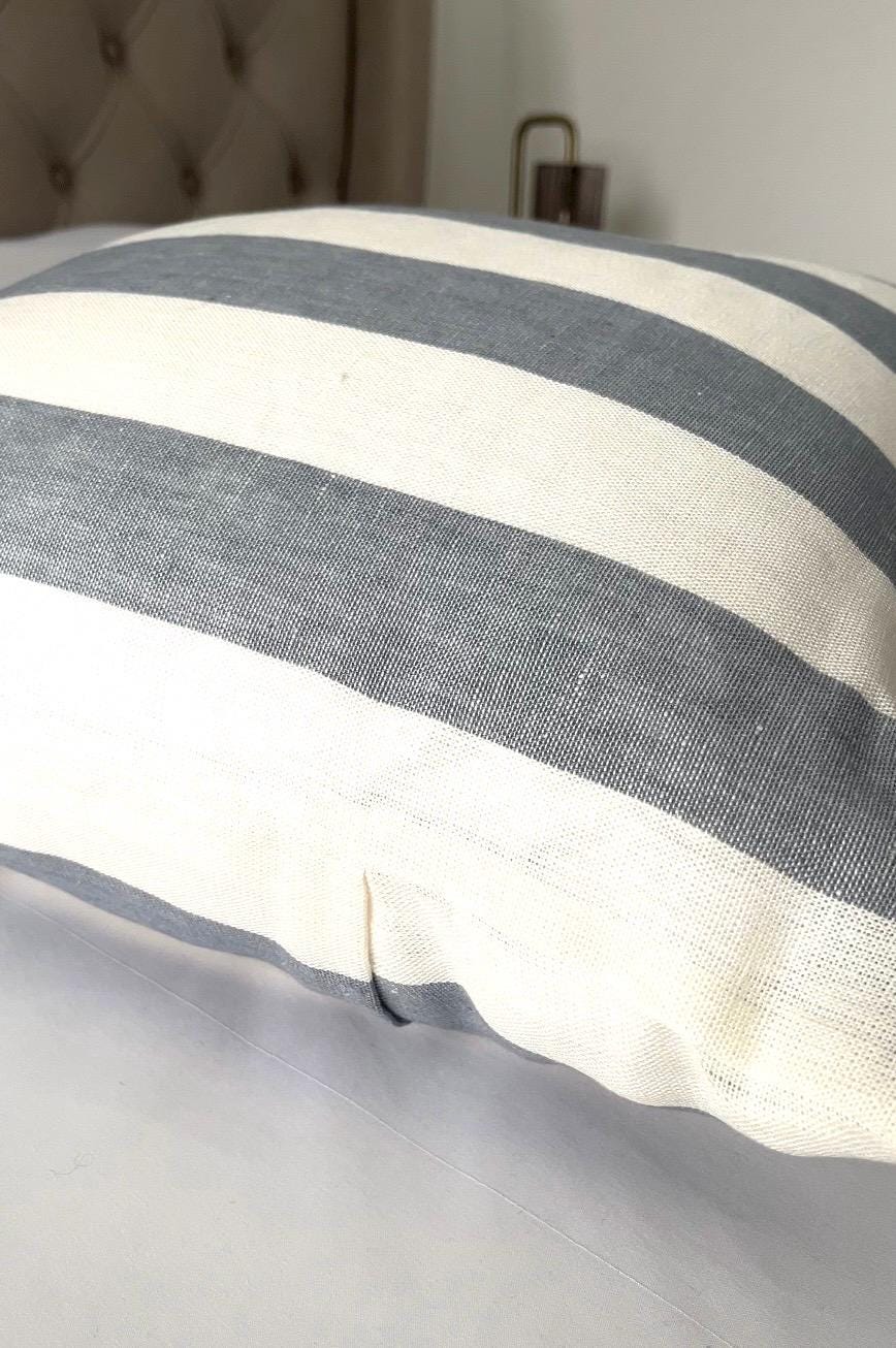 Wide stripe pillow cover with coastal design, envelope reverse side