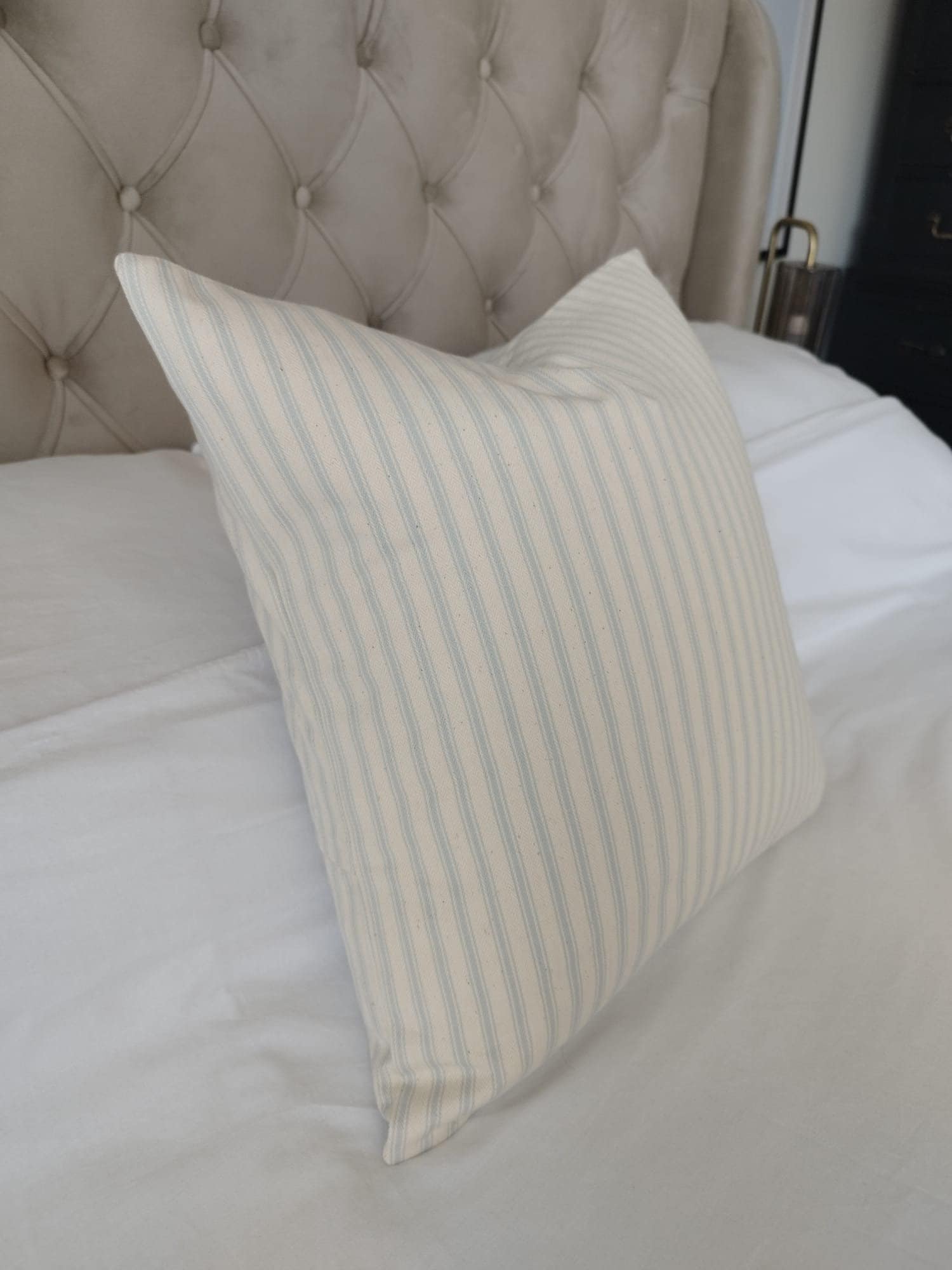 Farmhouse cushion covers, light powder blue stripe ticking pillows,