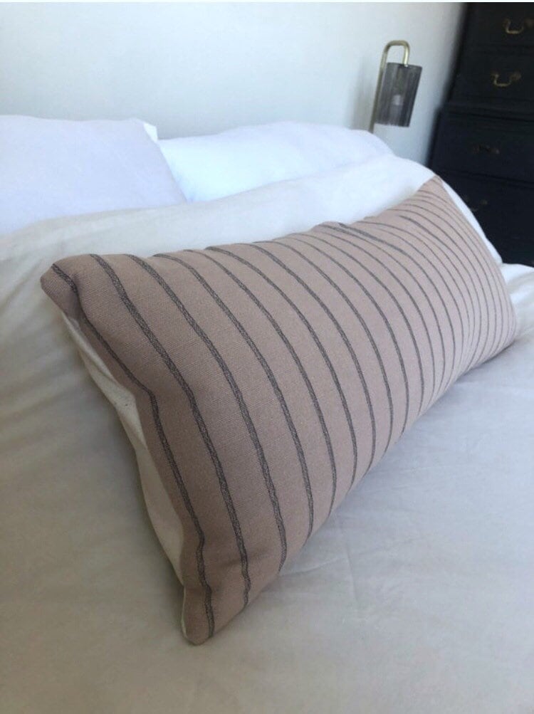 Woven Cotton Long Lumbar Pillow Cover, Brown Stripe Boho Cushion