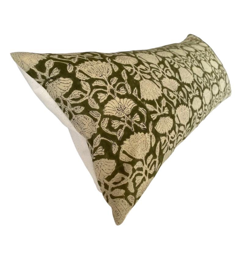 Block Print lumbar cushion cover; with organic cotton reverse