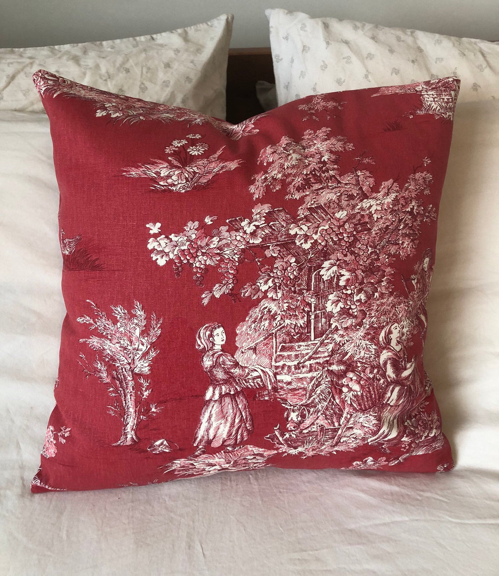 Red Toile de Jouy Pillow Cover, French Country Farmhouse Decor