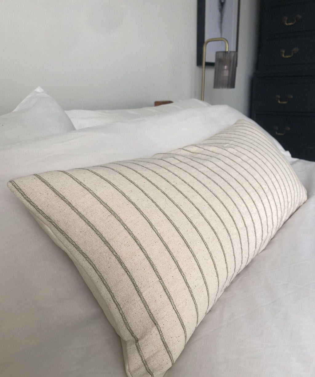 Sage Green Stripe Bolster Pillow Cover, Bohemian Farmhouse Lumbar