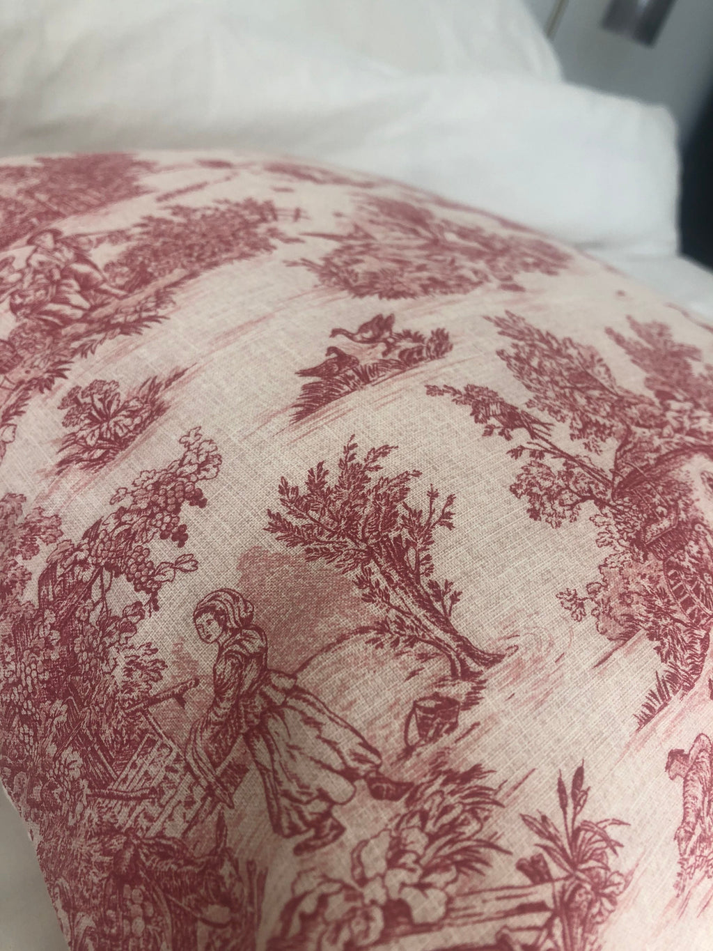 Toile de jouy french country pillow covers; red vintage cushions with an envelope reverse