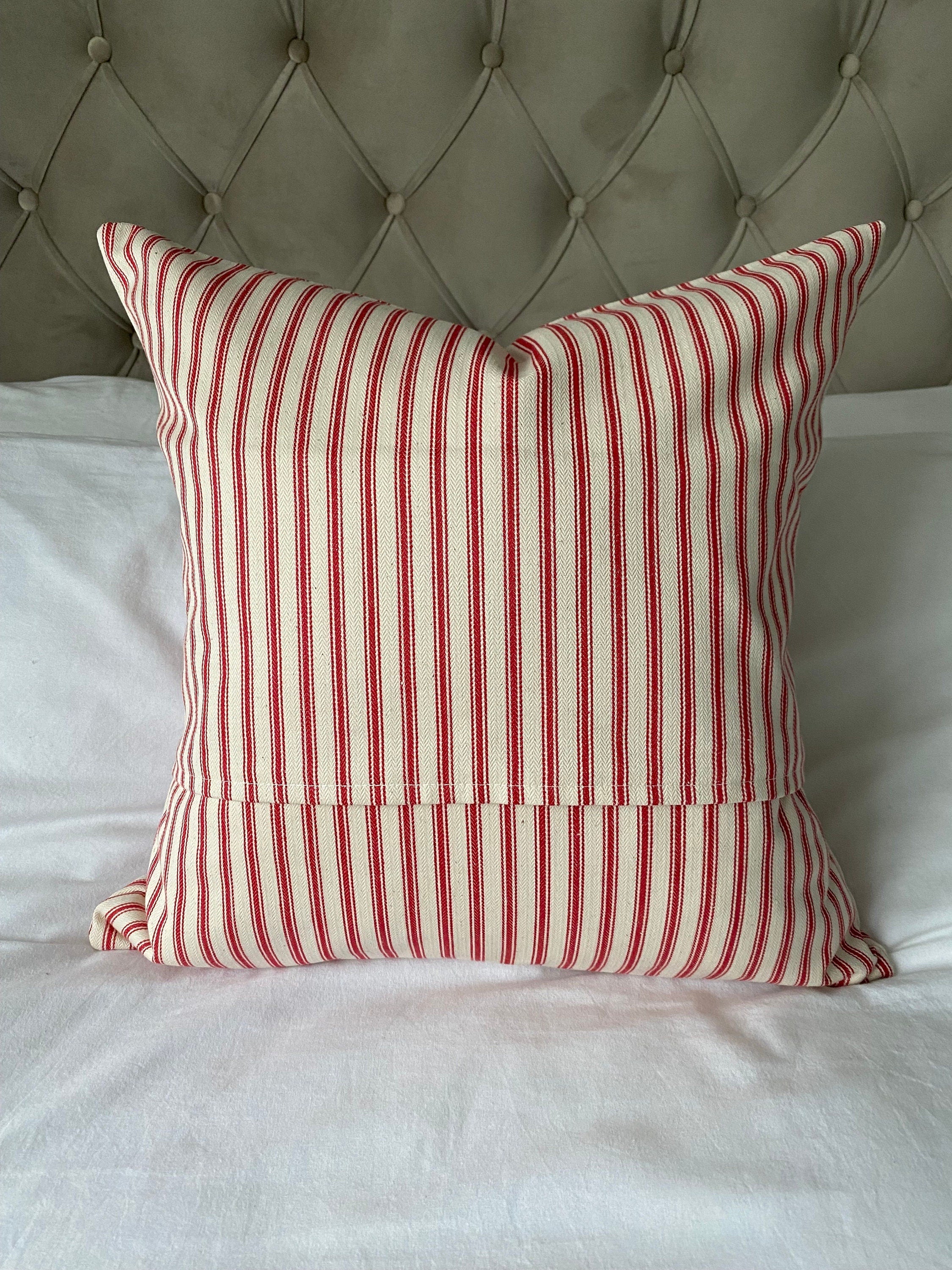 Red Ticking Stripe Cushion Cover – Envelope Back Cotton Pillow Case | Farmhouse & Rustic Decor