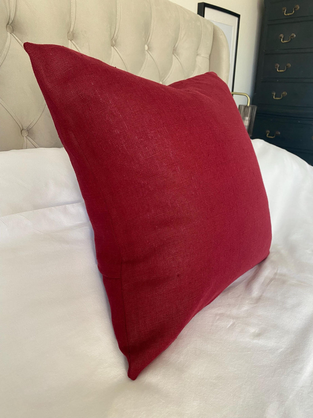 Red linen cushion covers, in a european linen with envelope reverse