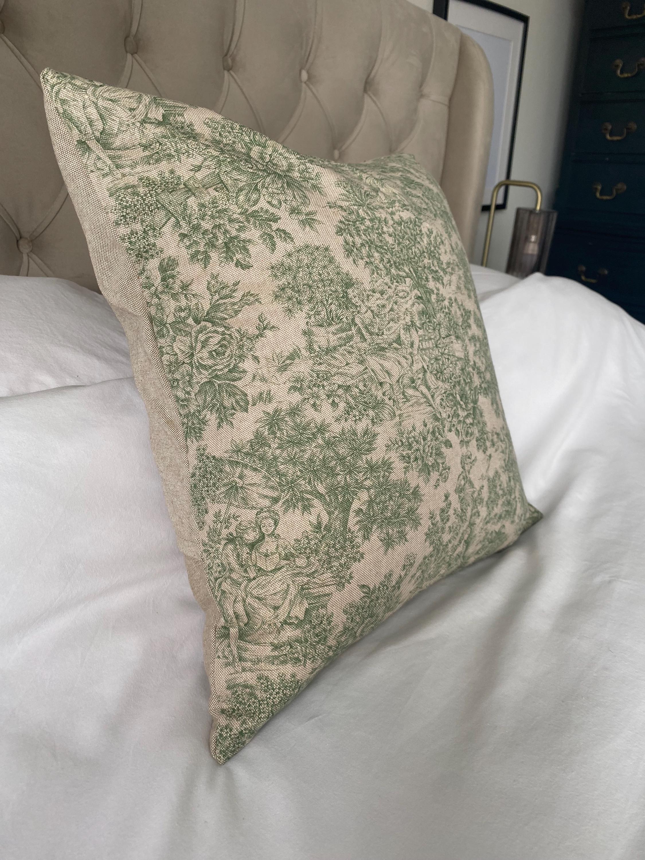 French country pillow cover, vintage linen bedding, green toile de jouy, french linen bedding, forest green cushion covers