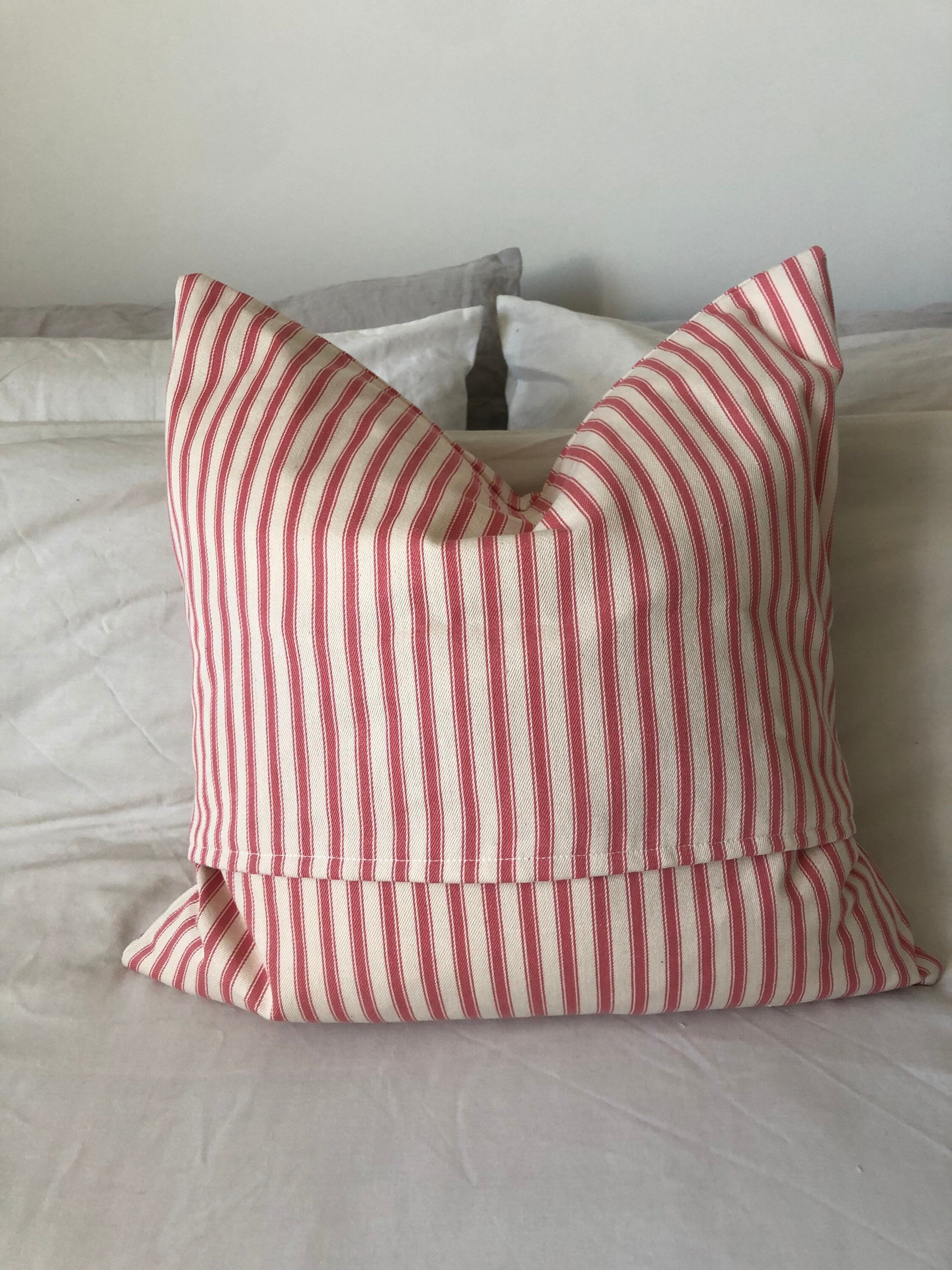 French Country Pillow Cover, Pink Ticking Stripe, Farmhouse Cushion