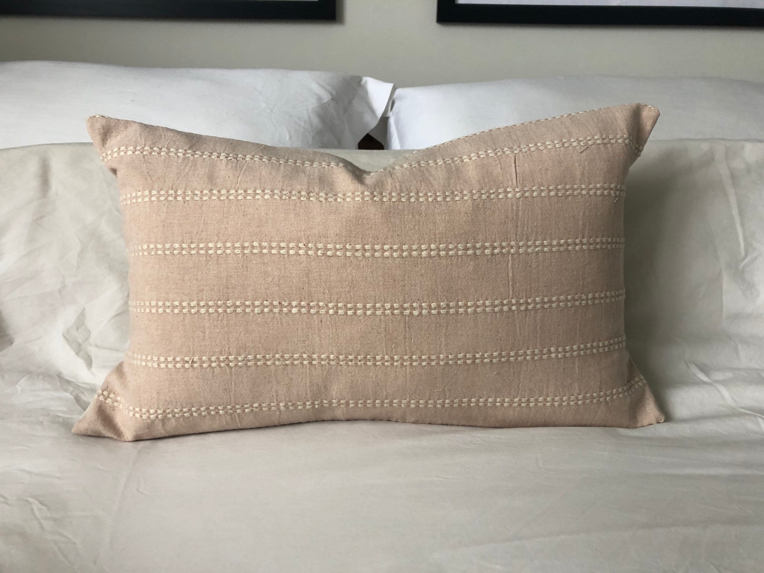 Blush Pink Bolster Pillow Cover, Neutral Stripe Organic Cotton Lumbar Cushion