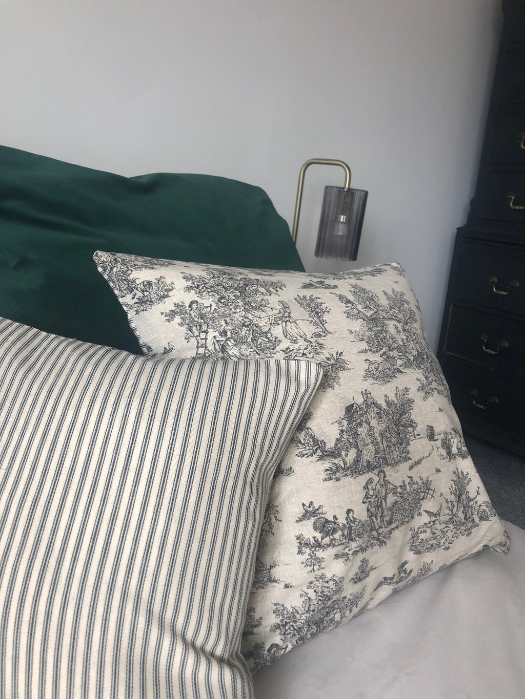 French farmhouse cushion cover, in anthracite grey toile de jouy cotton fabric