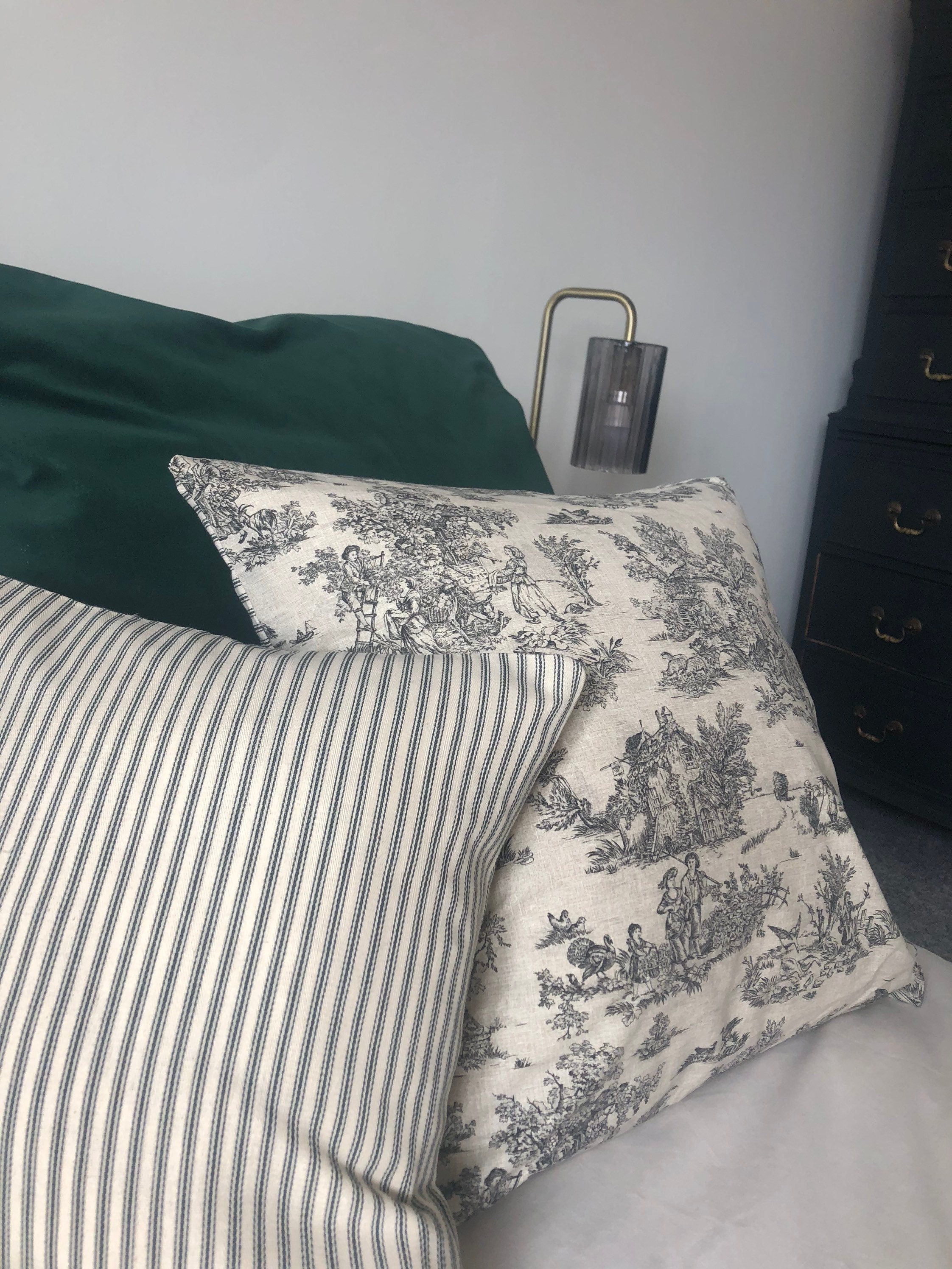 French farmhouse cushion cover, in anthracite grey toile de jouy cotton fabric