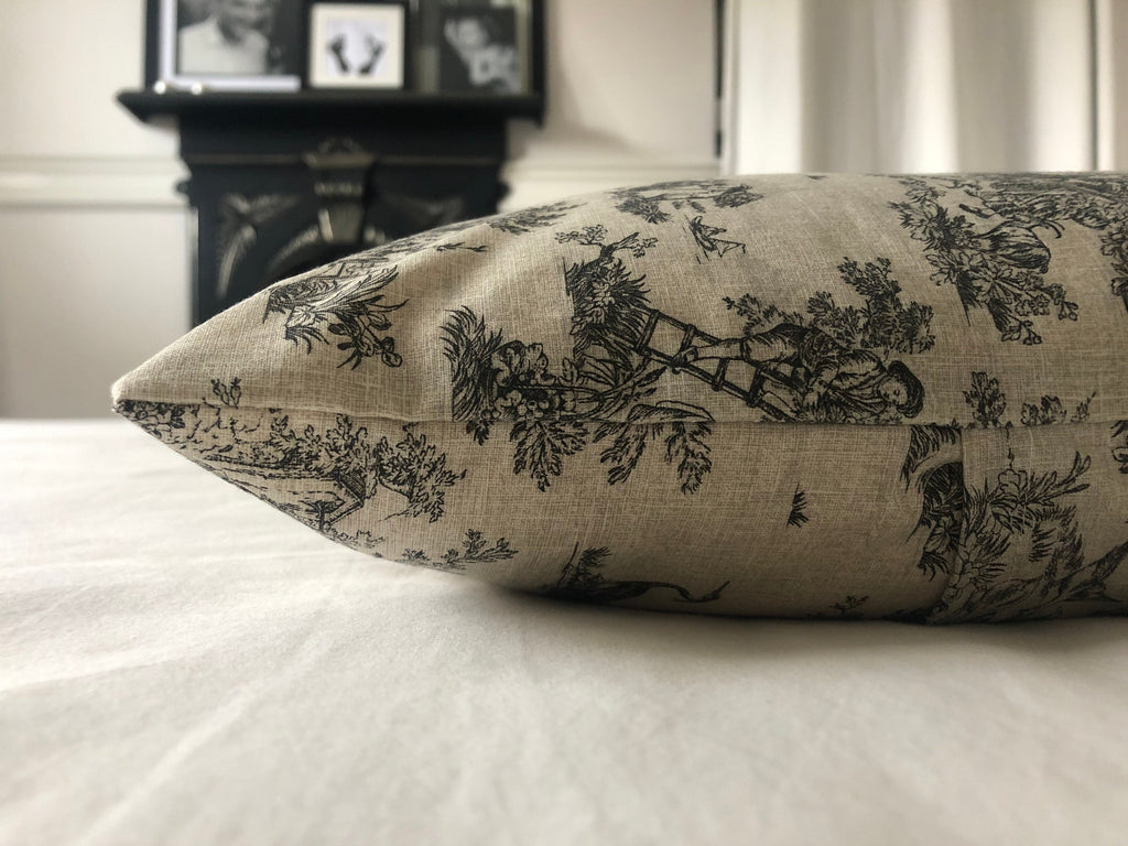 French Vintage Toile de Jouy Cushion Cover – Handmade Grey Pillow