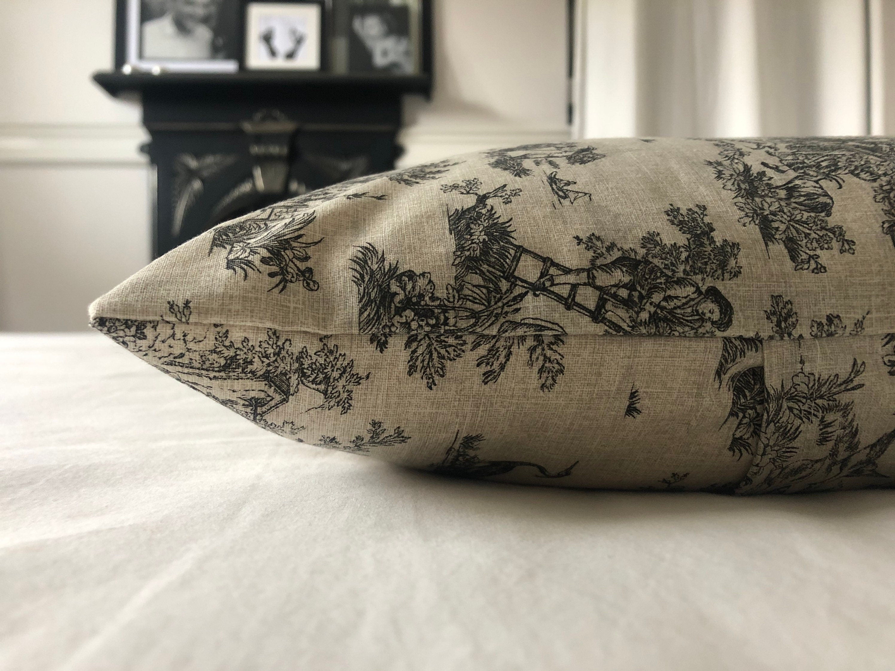 French Vintage Toile de Jouy Cushion Cover – Handmade Grey Pillow