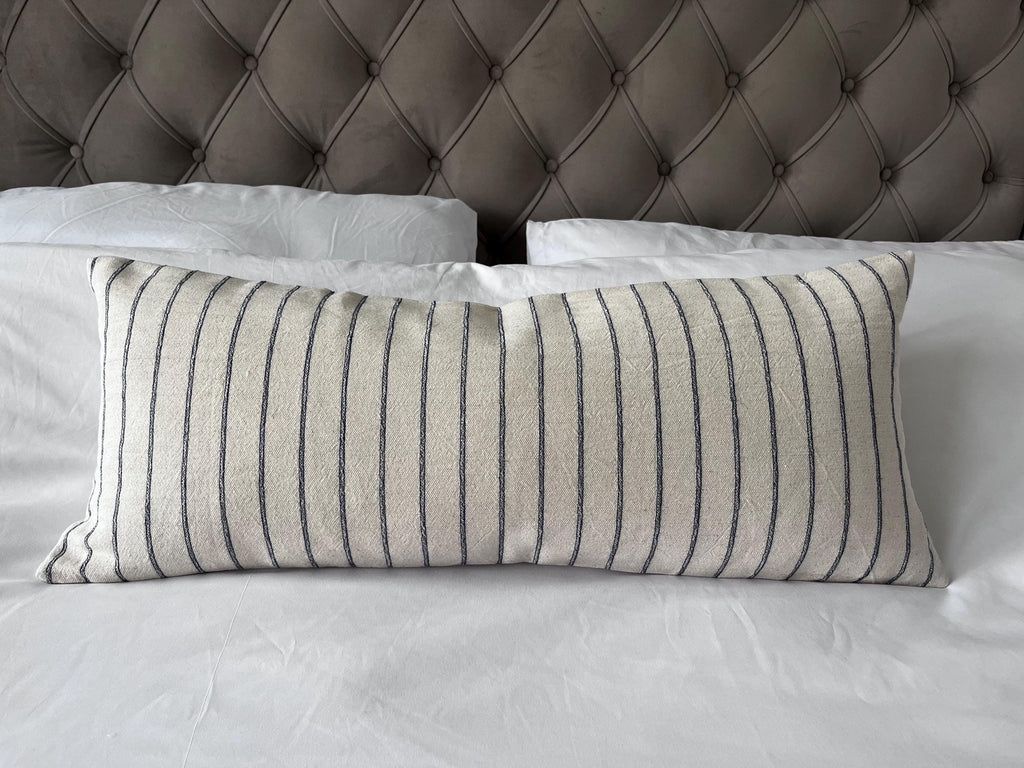 Neutral Stripe Bolster Pillow Cover, Dark Blue Bench Cushion