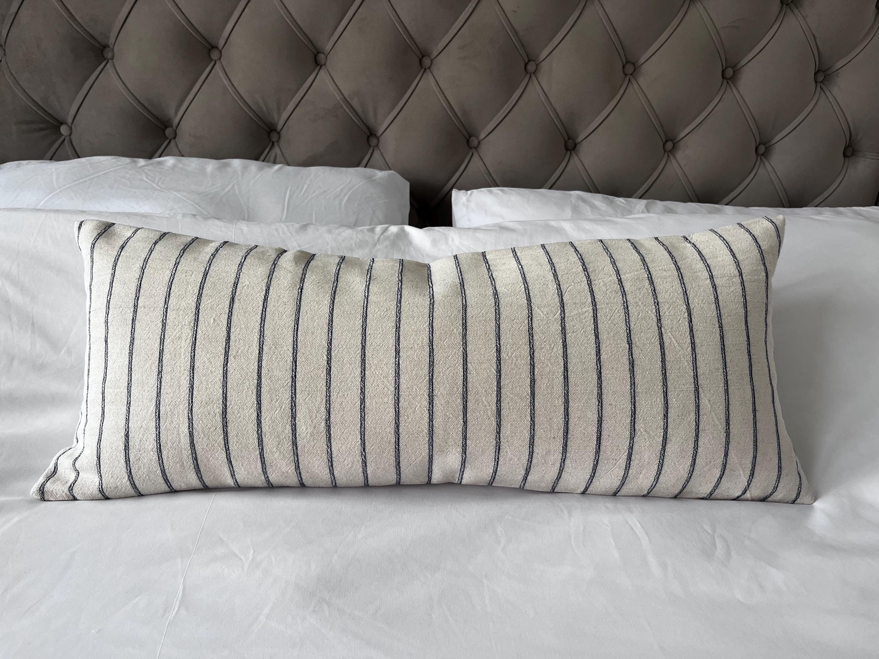 Neutral Stripe Bolster Pillow Cover, Dark Blue Bench Cushion