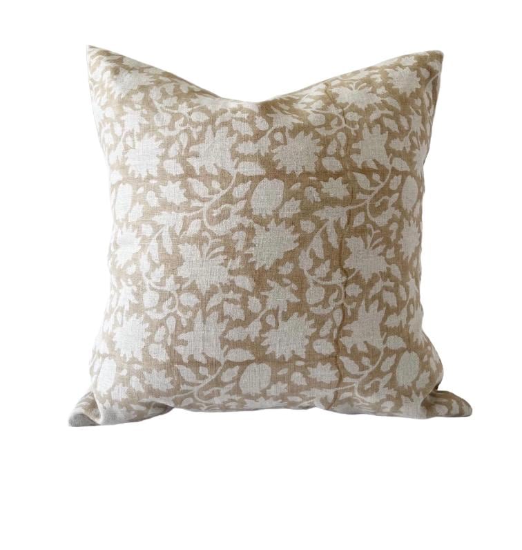 Beige floral block print pillow cover, patterned neutral cushion cover, light brown throw cushion