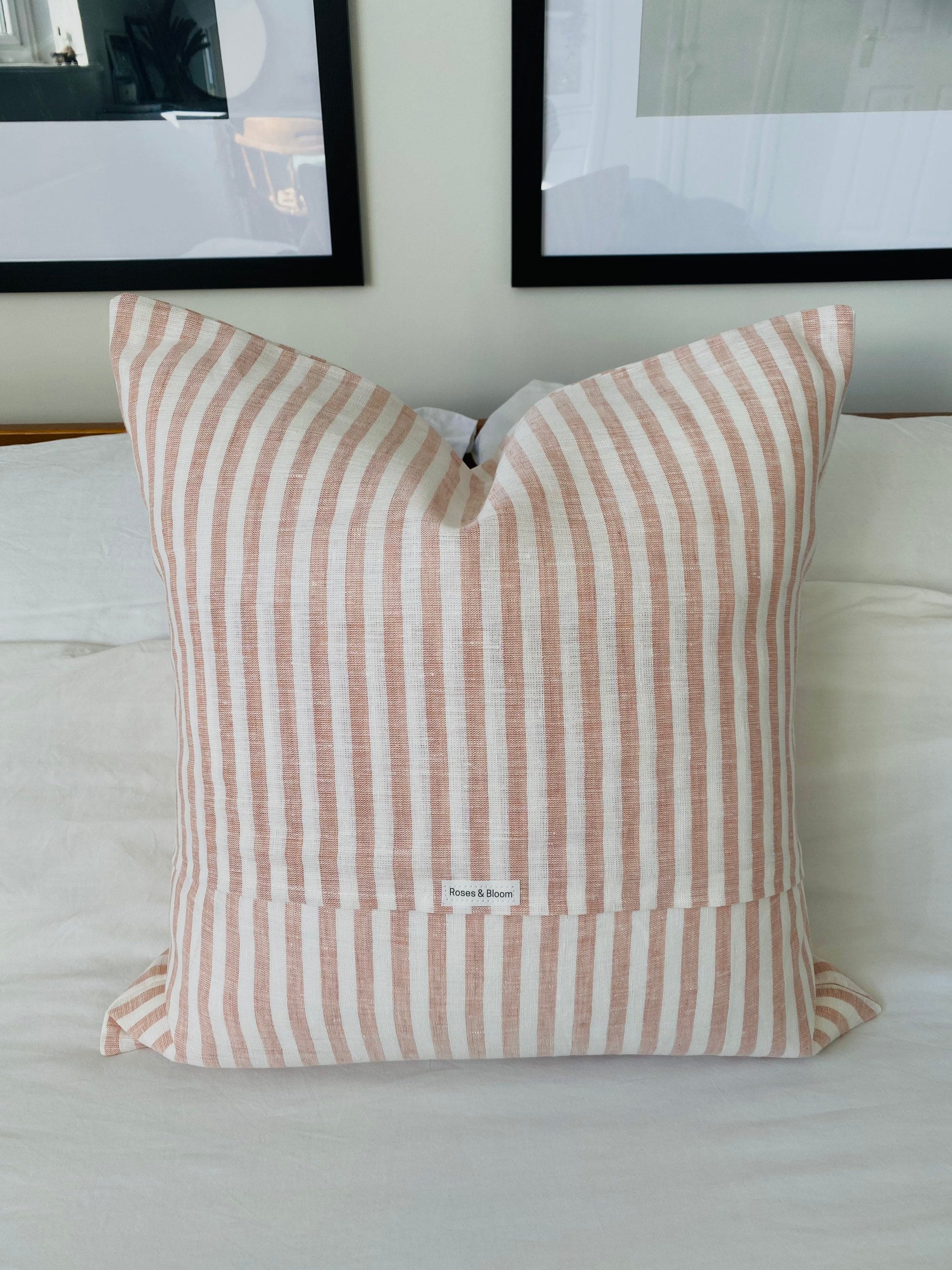 Striped pink throw pillow cover, blush pink linen pillow, french ticking throw pillow, extra large cushion covers, pink nursery decor