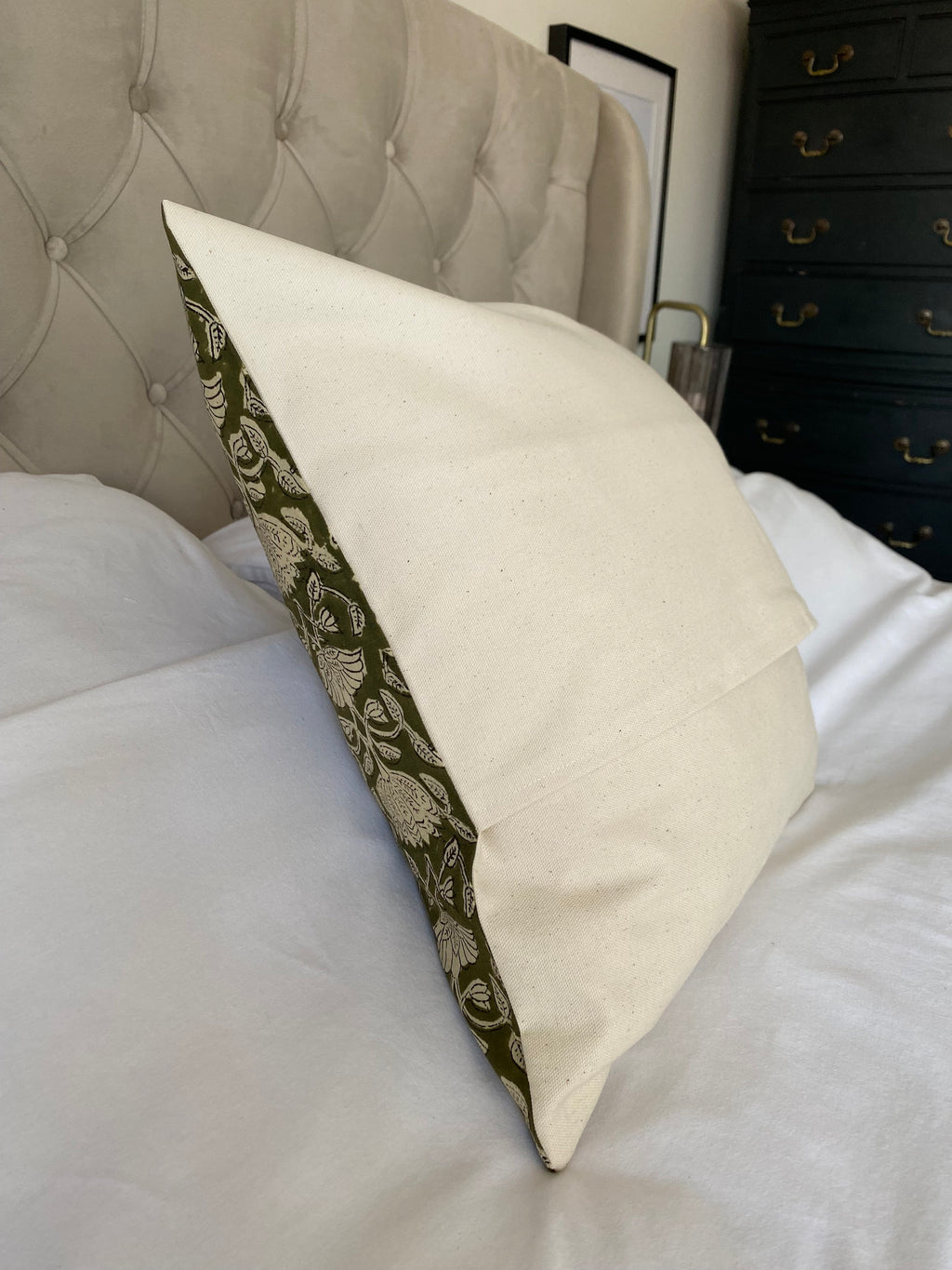 olive green block print cotton cushion covers, with an organic cotton reverse
