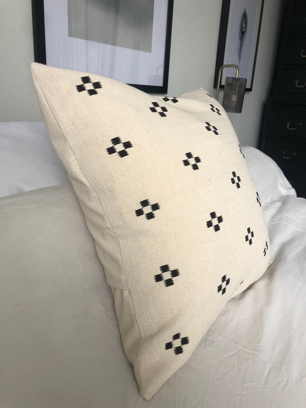 Black Patterned Bolster Pillow Cover, Extra Long Lumbar Cushion, Ivory Cotton