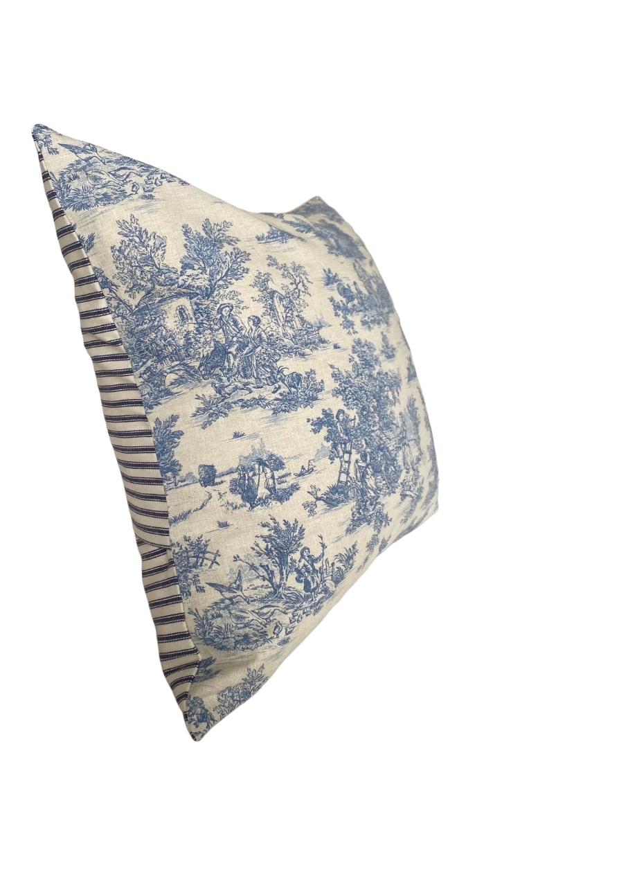Vintage Toile de Jouy Cushion Cover: French Country Blue Striped Pillow