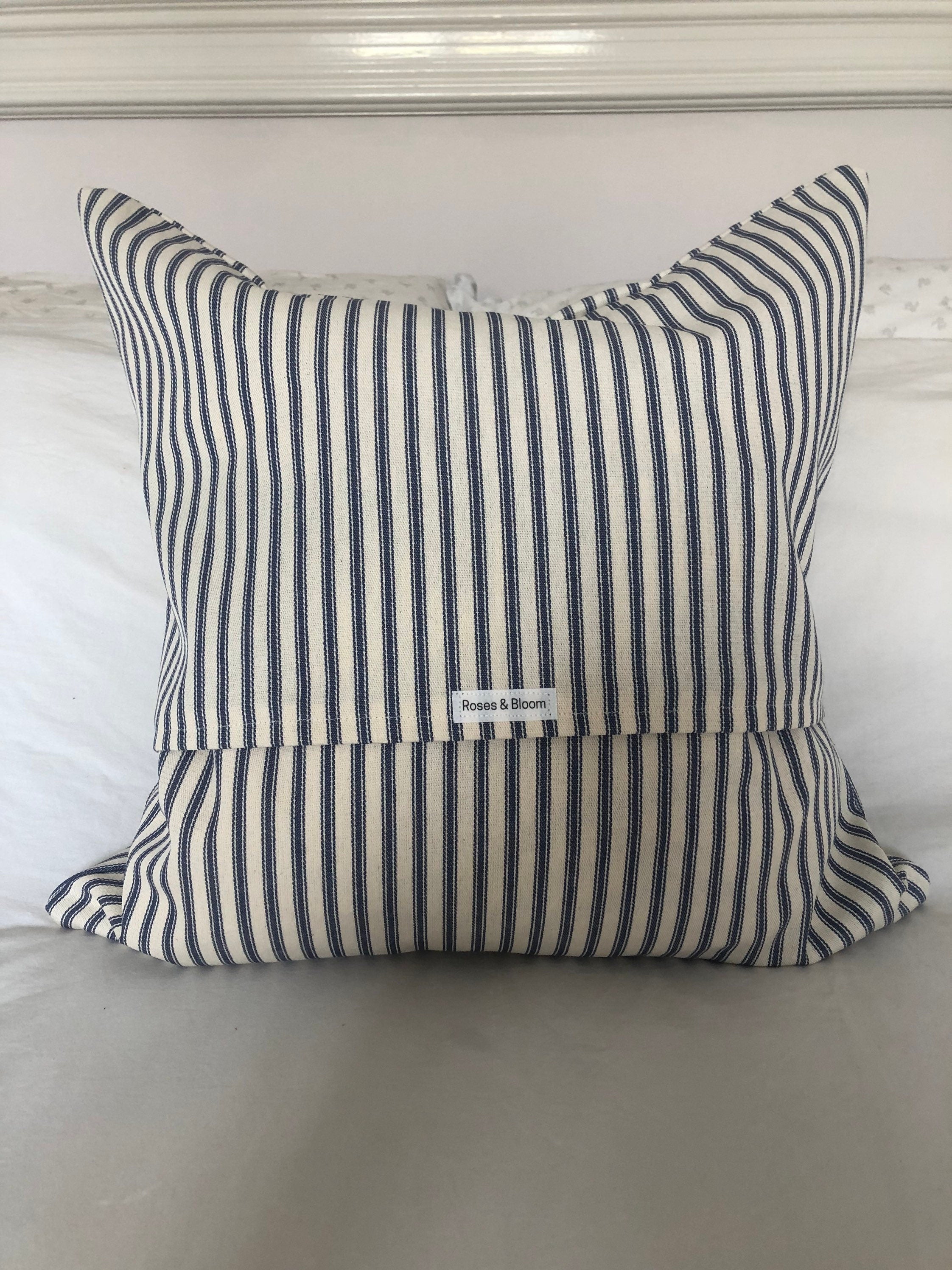 Nautical Stripe Pillow Cover, Blue Ticking Cushion, French Vintage Decor