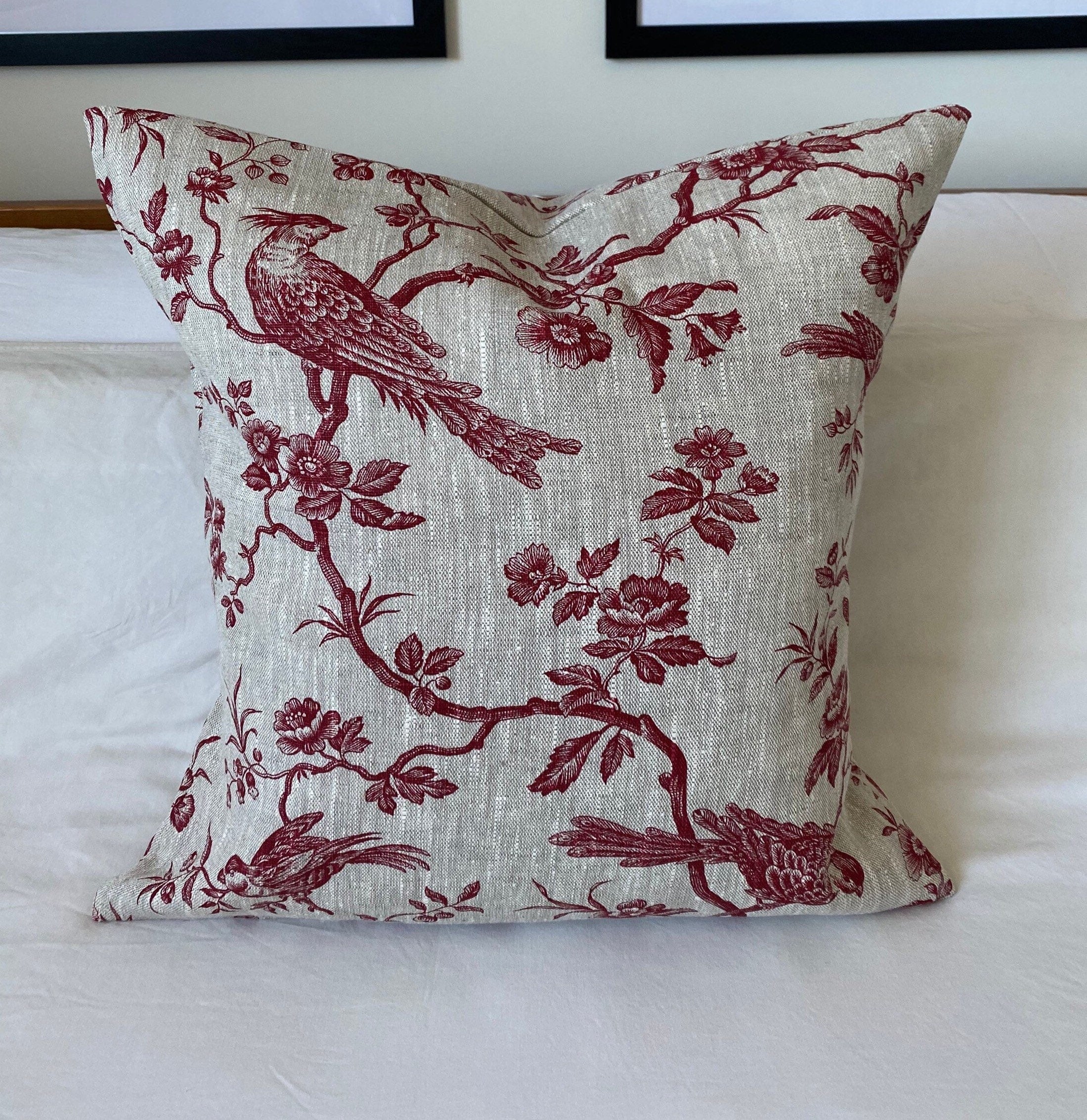 Red toile linen cushion cover with bird and floral pattern, French country vintage pillow in natural beige fabric