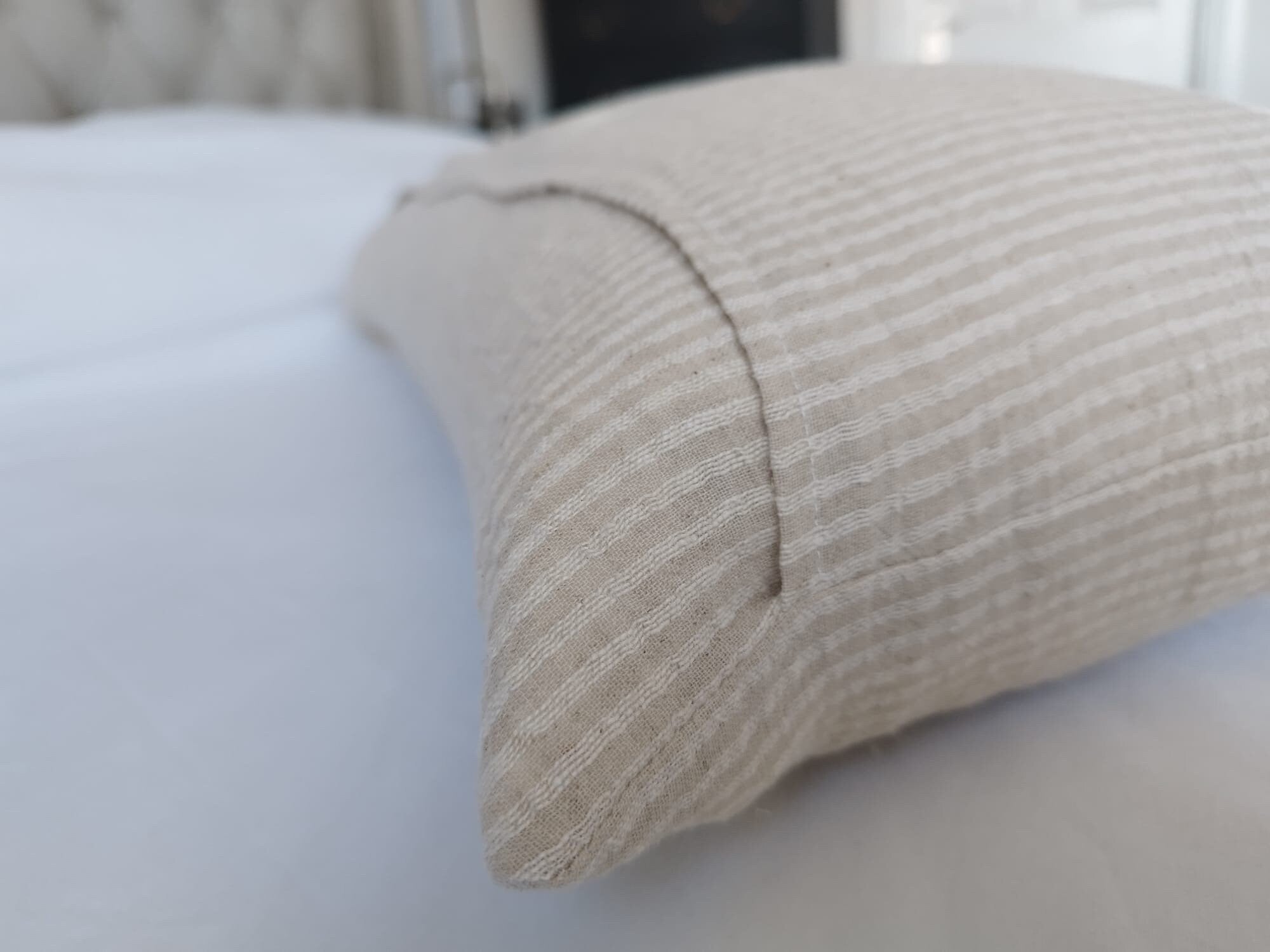 Extra long lumbar pillow cover, boho home decor, neutral woven cotton cushion, cream stripe bolster, beige bamboo and hemp long throw pillow