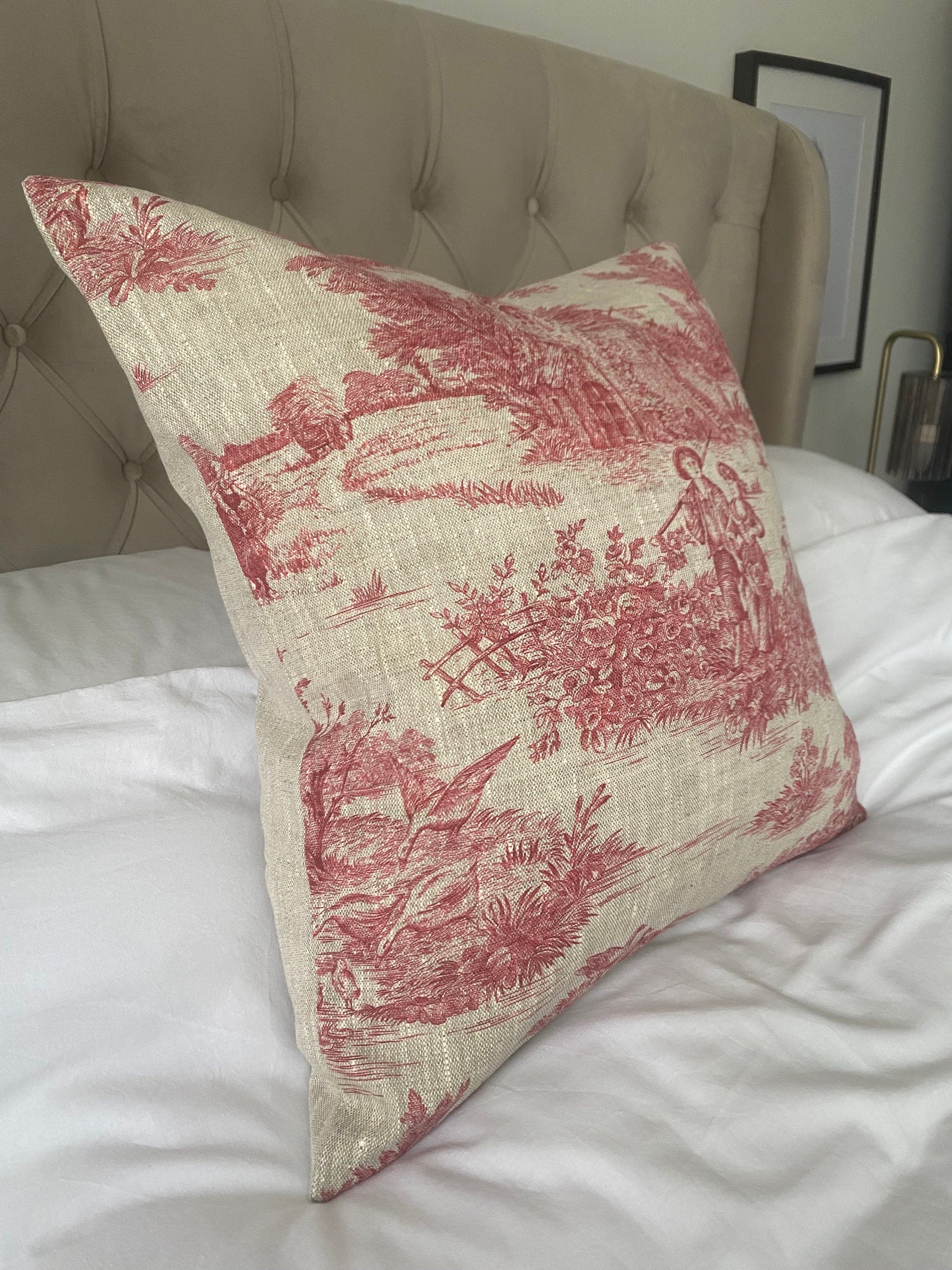 French country pillow cover, vintage linen bedding, red toile de jouy cushion covers
