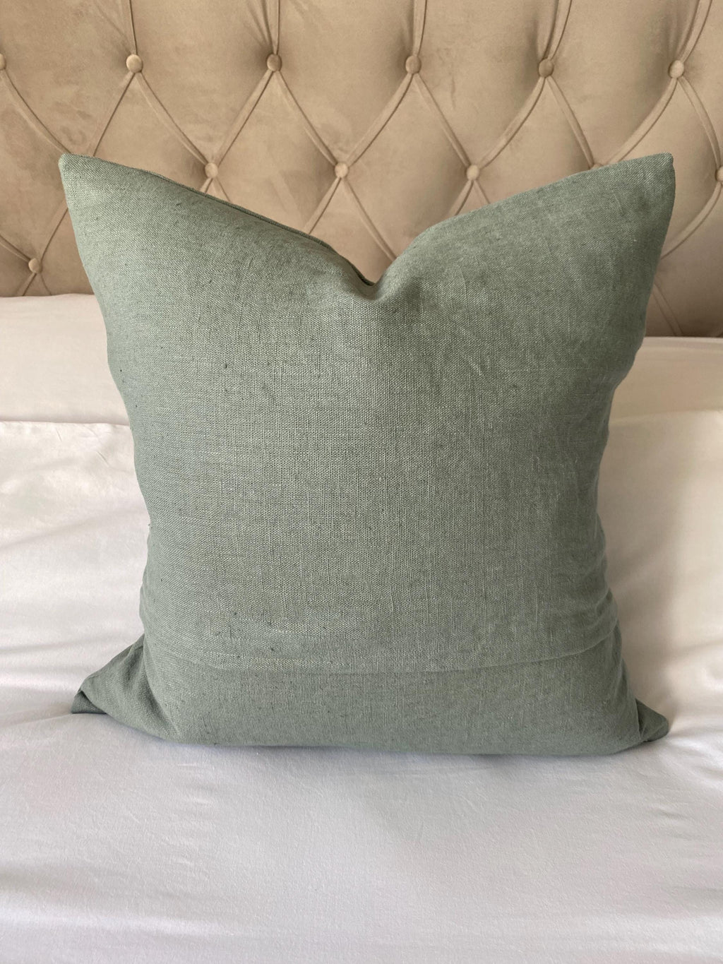 Sage Green Eurorean linen cushion covers, with an envelope reverse