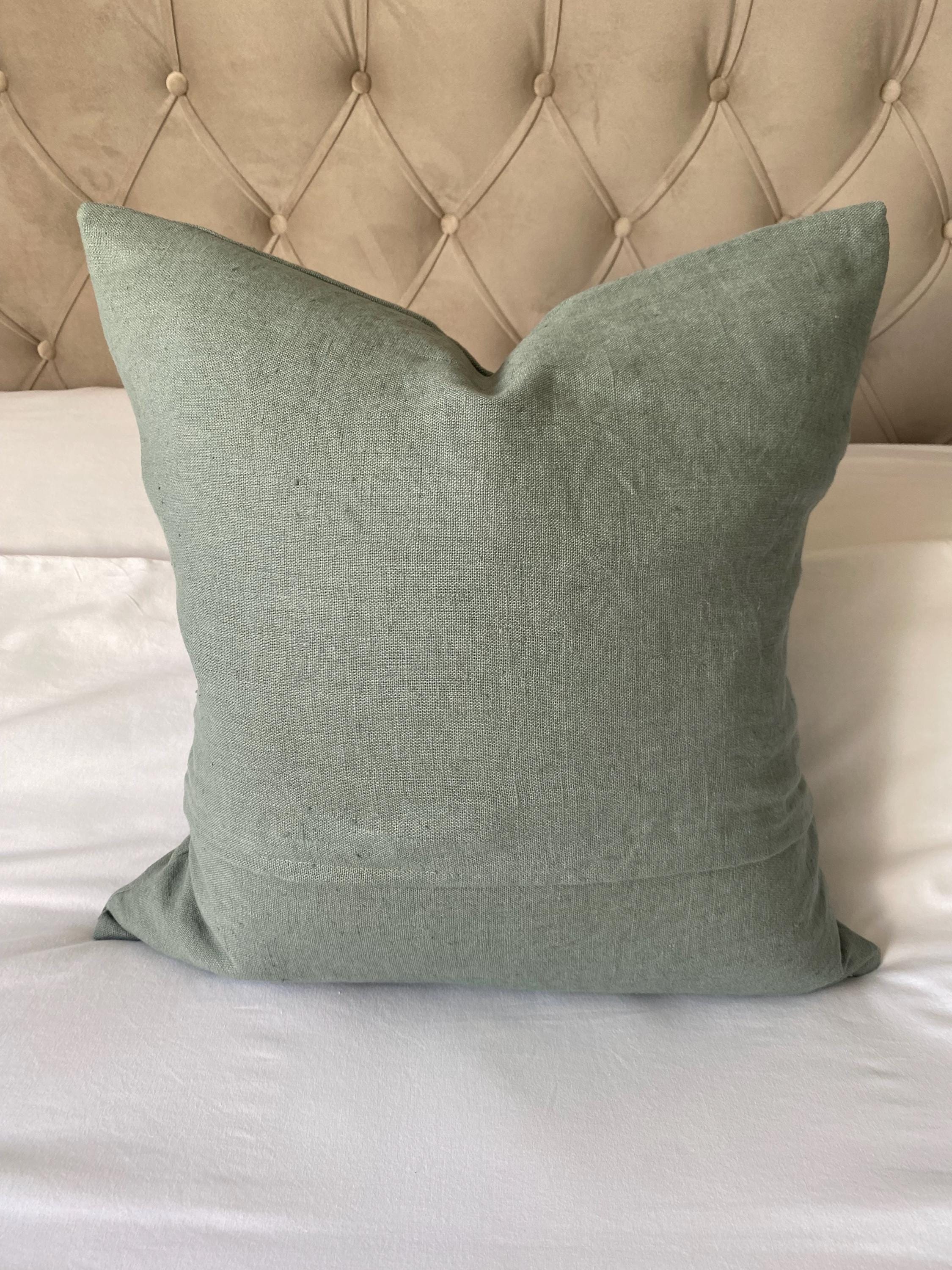 Sage Green Eurorean linen cushion covers, with an envelope reverse
