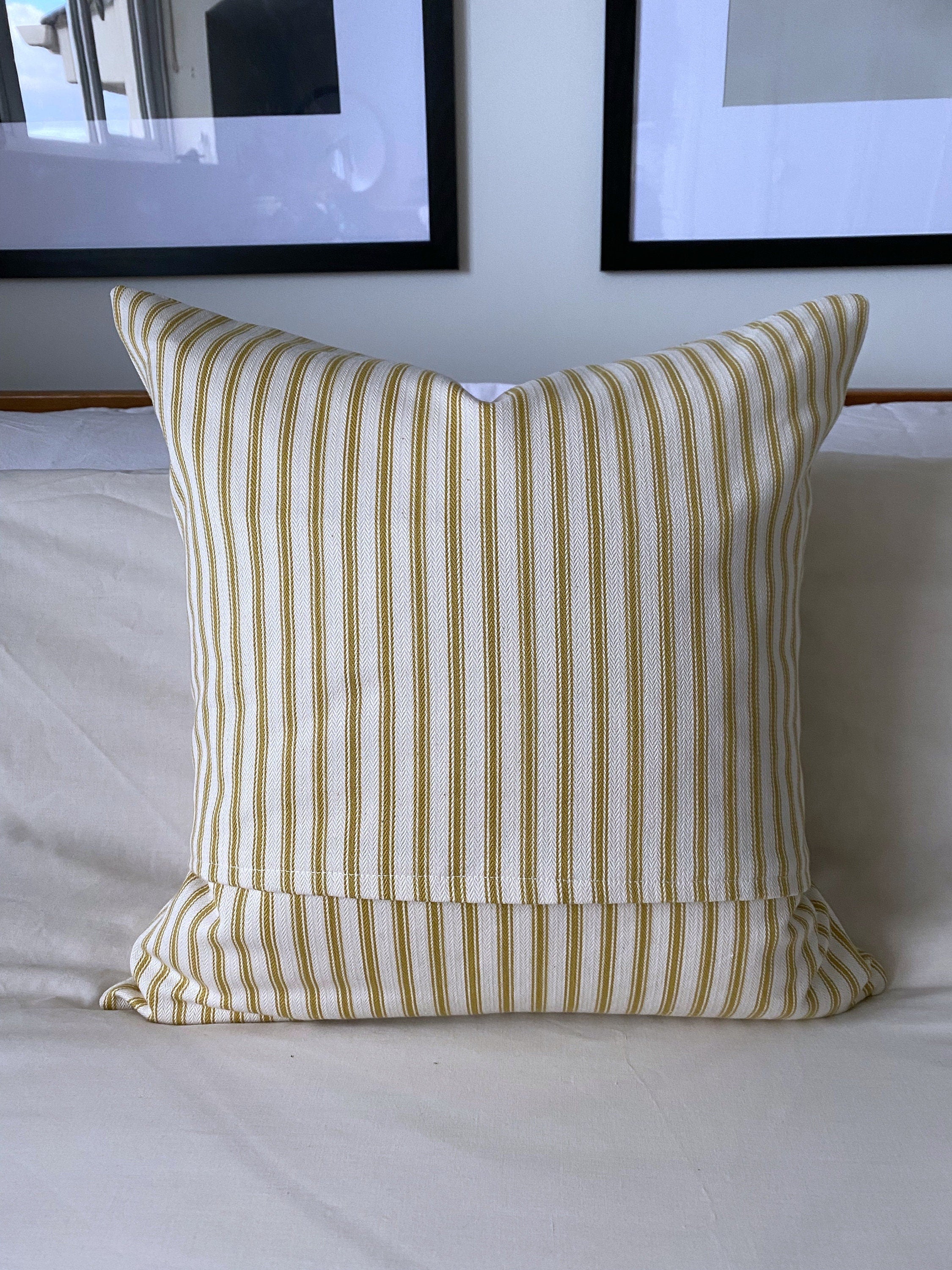 Ochra yellow pillow cover, stripe ticking cushion cover