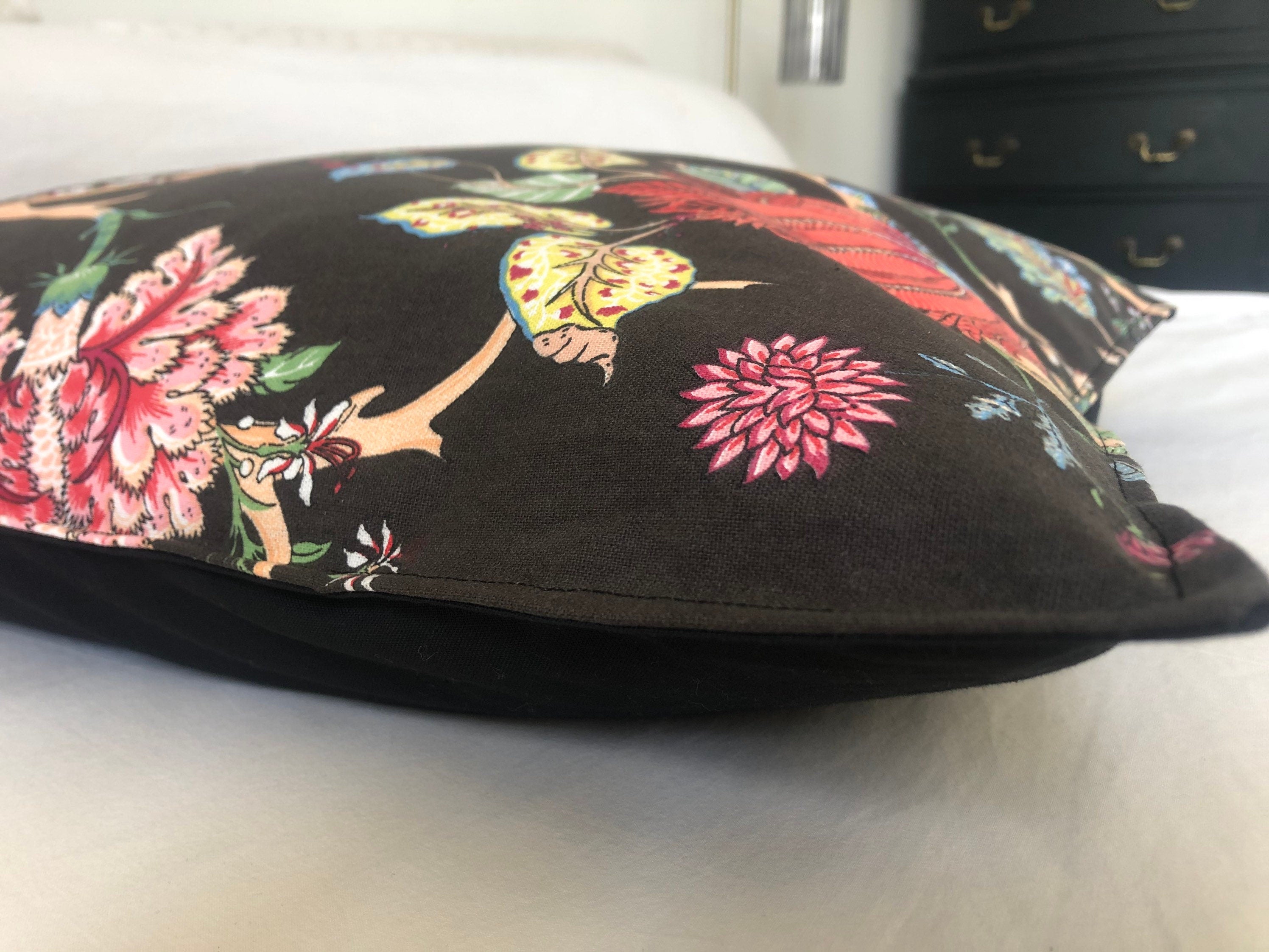 Black Floral Pillow Cover, Vintage Botanical Print, Eclectic Decor