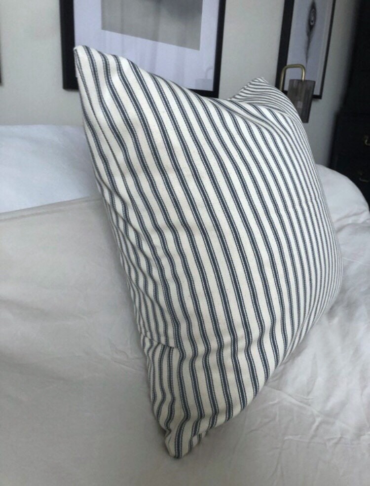 Farmhouse cushion covers, teal stripe ticking pillows, French vintage decor