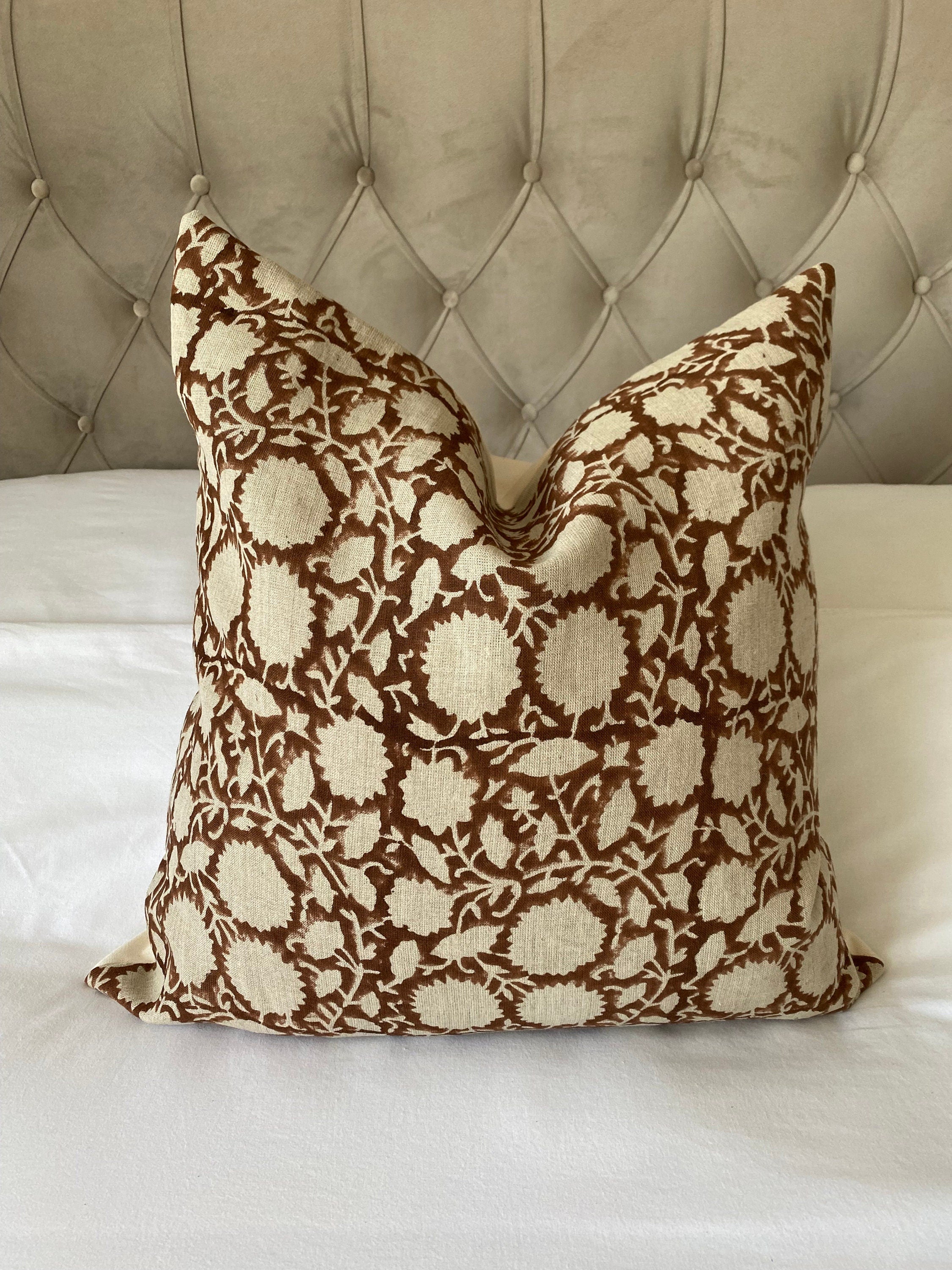 Brown block print pillow cover, neutral home decor, enveloper everse of organic cotton