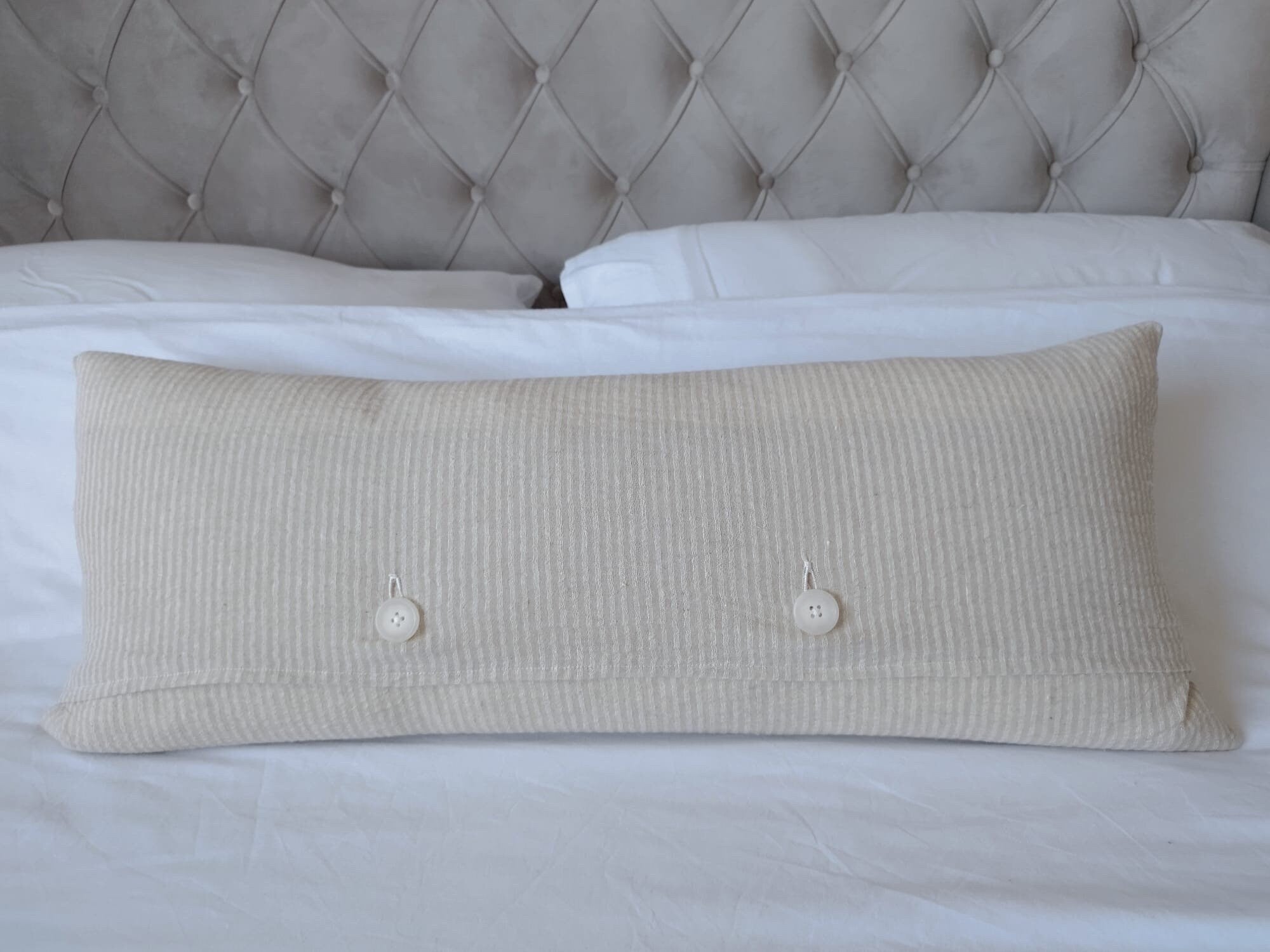 Extra long lumbar pillow cover, boho home decor, neutral woven cotton cushion, cream stripe bolster, beige bamboo and hemp long throw pillow