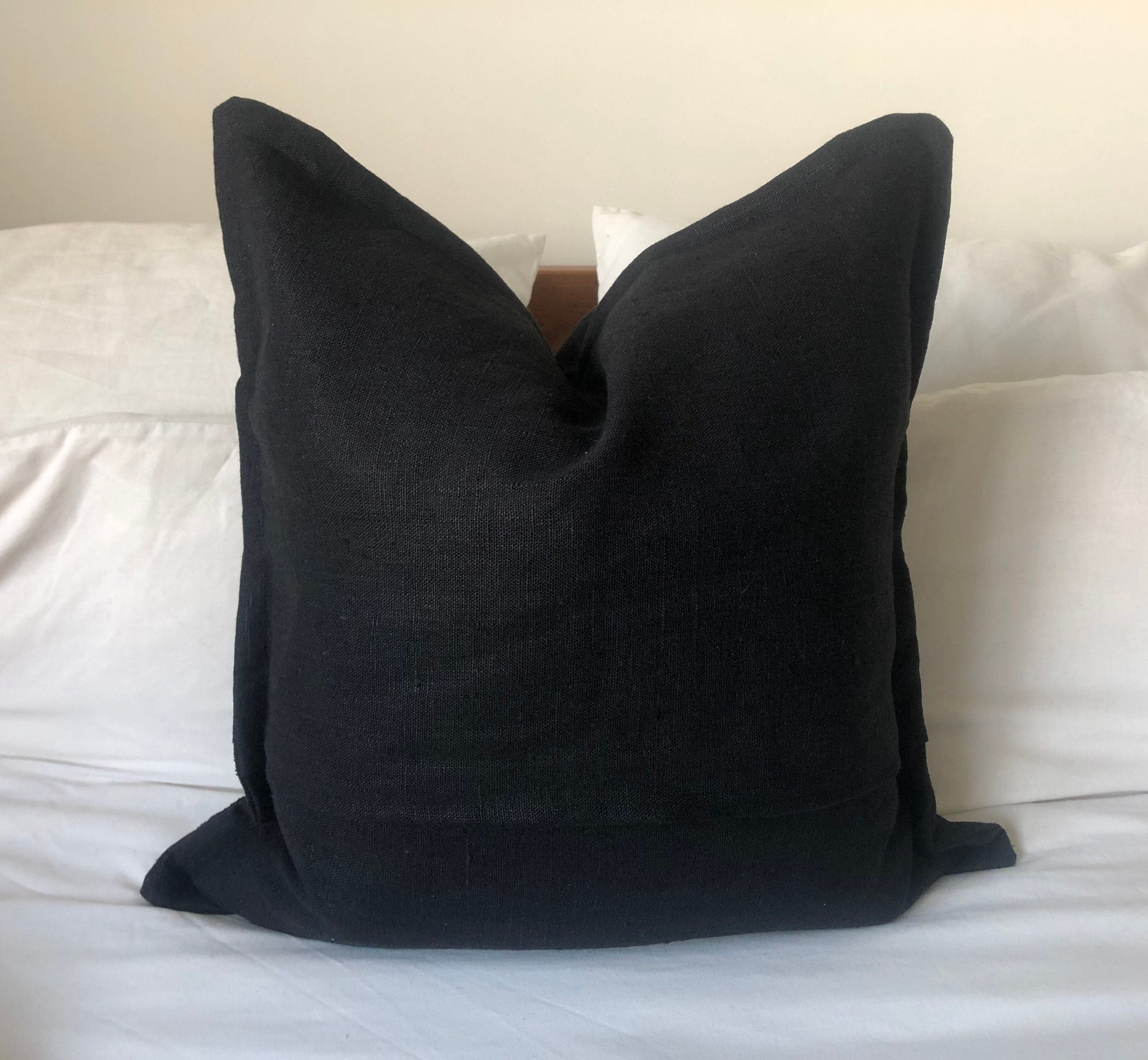 Black Linen Pillow Cover, Oxford Edging, maximalist home decor