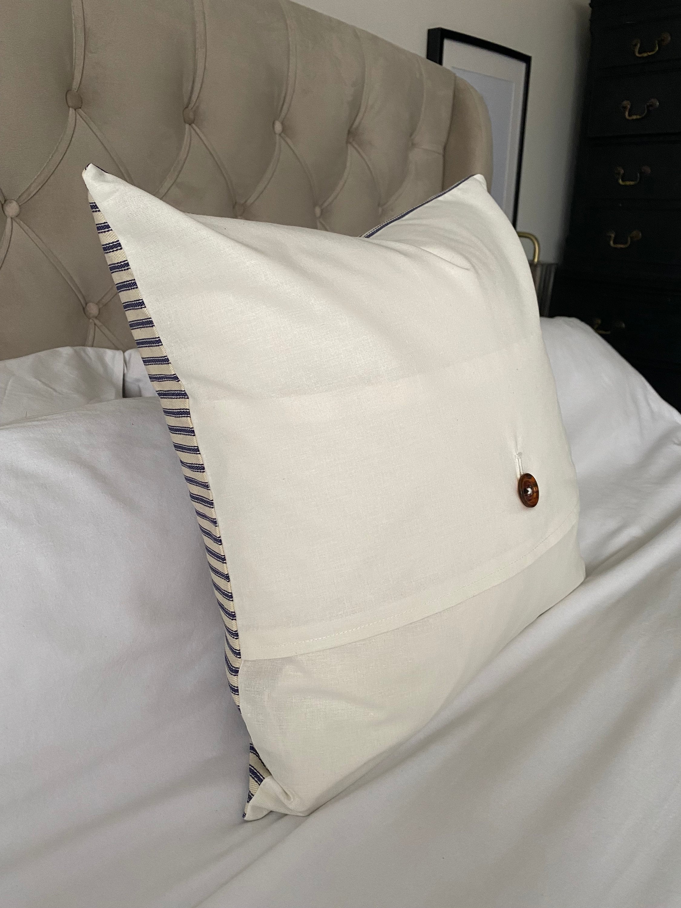 Blue Striped Ticking Cushion Cover: Handmade Nautical Pillow