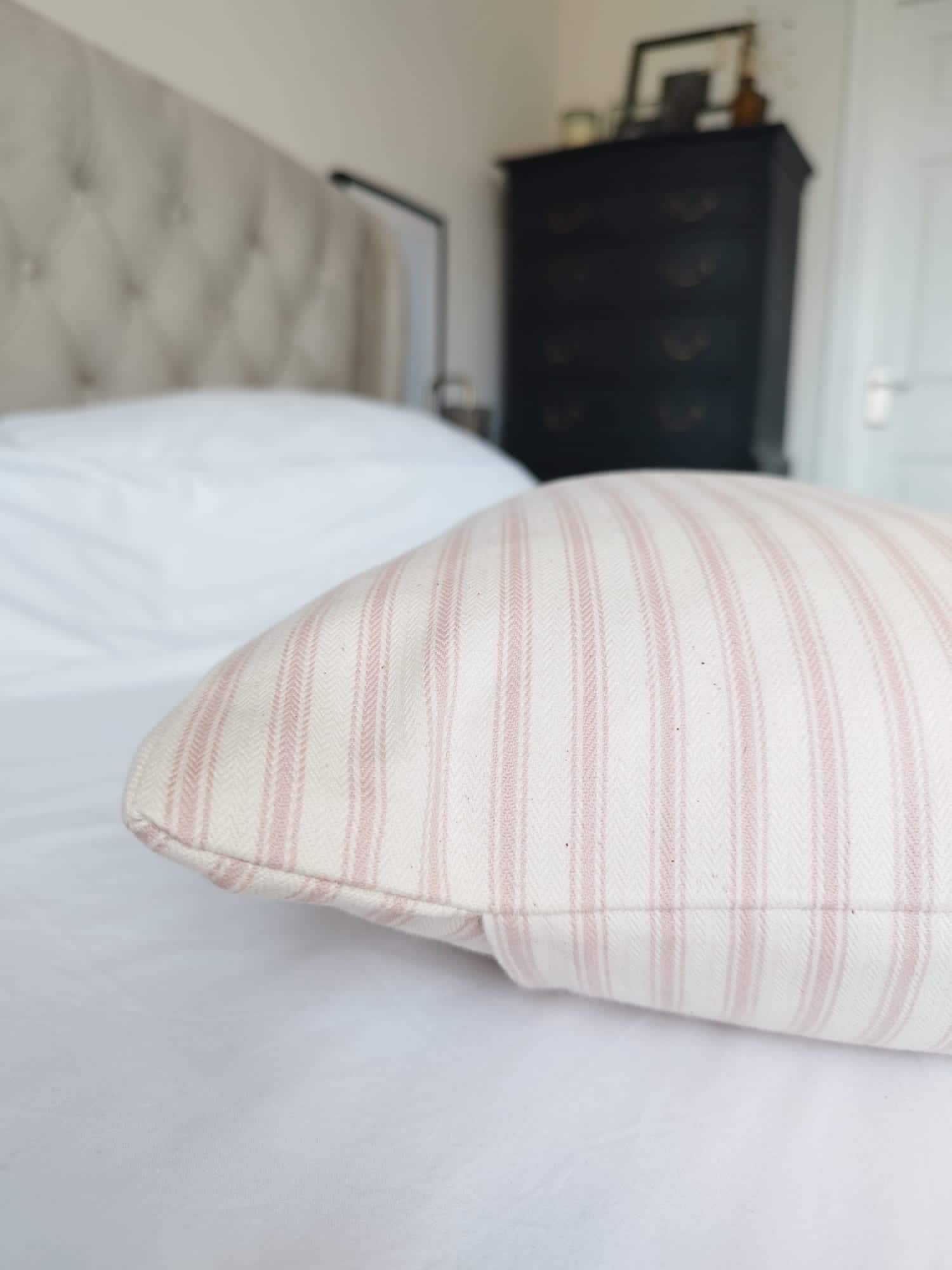 french Farmhouse cushion covers, pink blush stripe ticking pillows, bolster throws