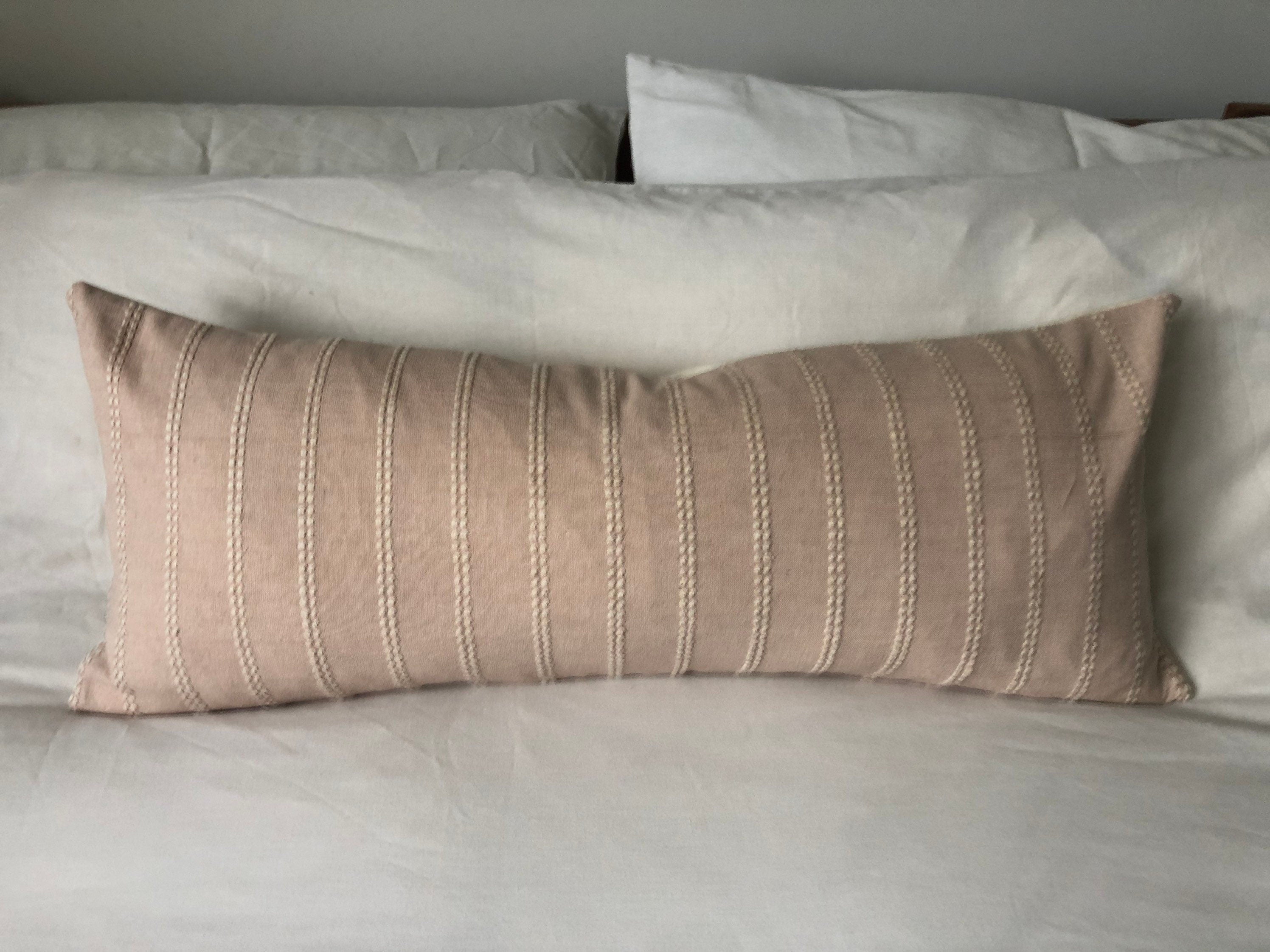 long bolster pillow cover, blush pink lumbar pillow, Neutral stripe bolster, bohemian home decor, organic cotton throw, bench cushion